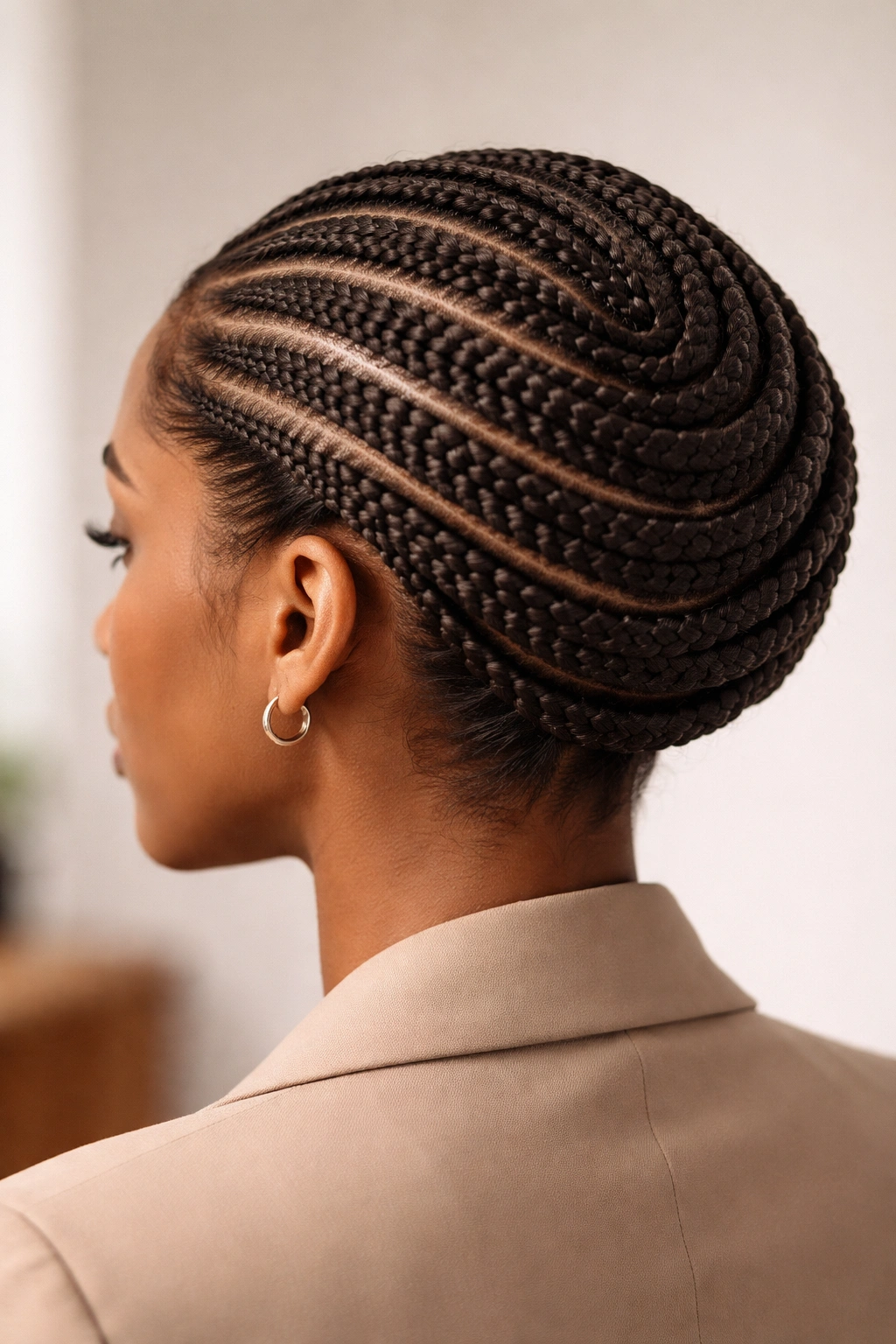 Top-back view of cornrows wrapped around the head in a crown-like pattern
