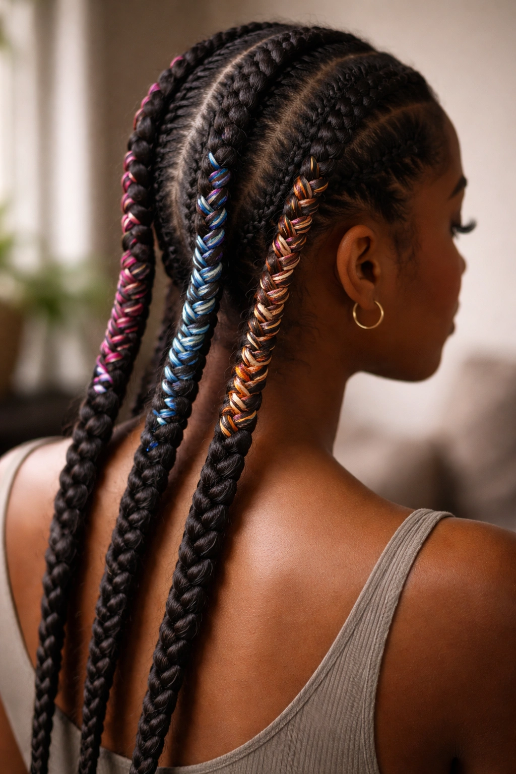 Three cornrows wrapped with colorful extensions