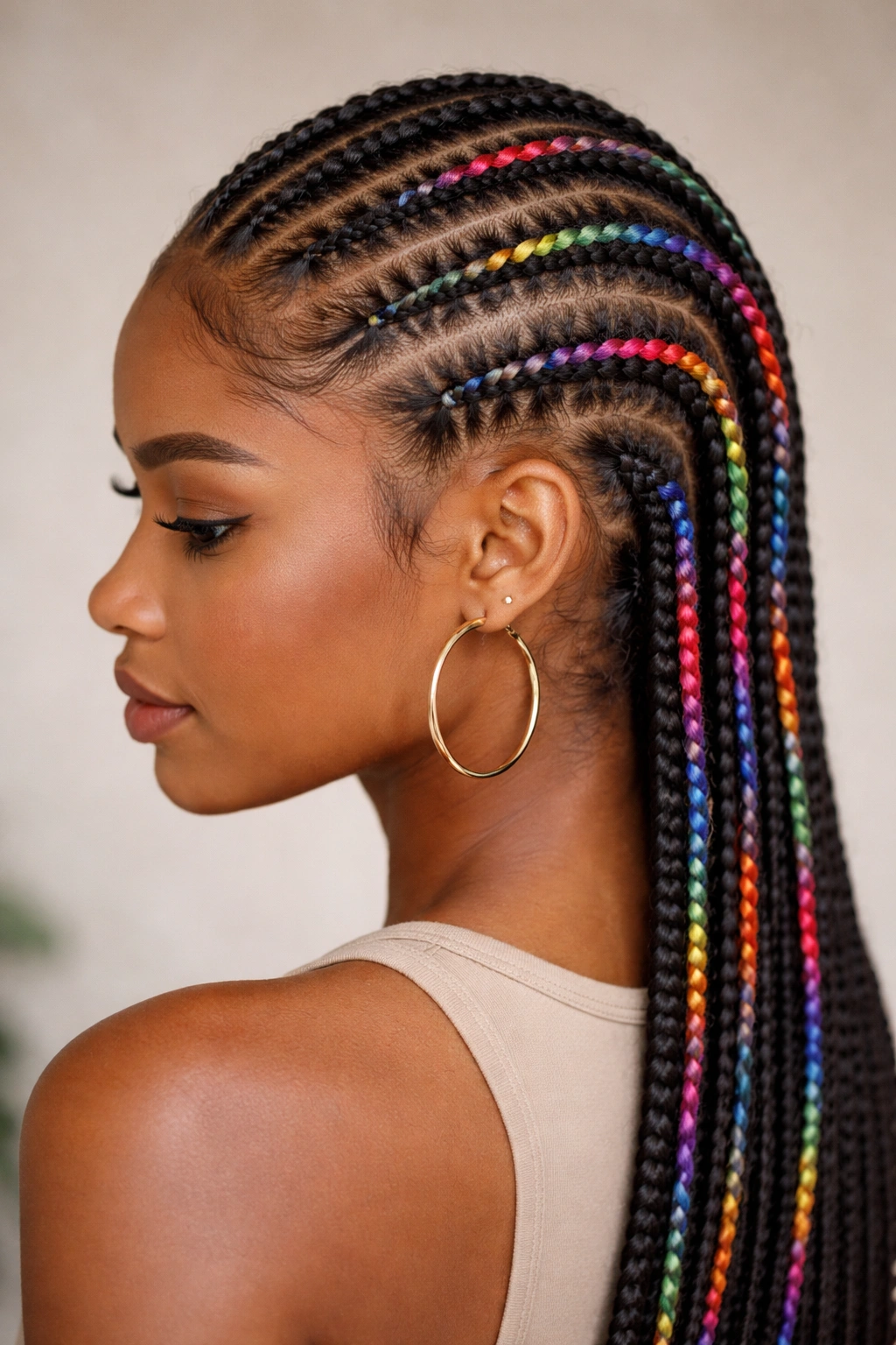 Cornrows with colored yarn woven through each braid