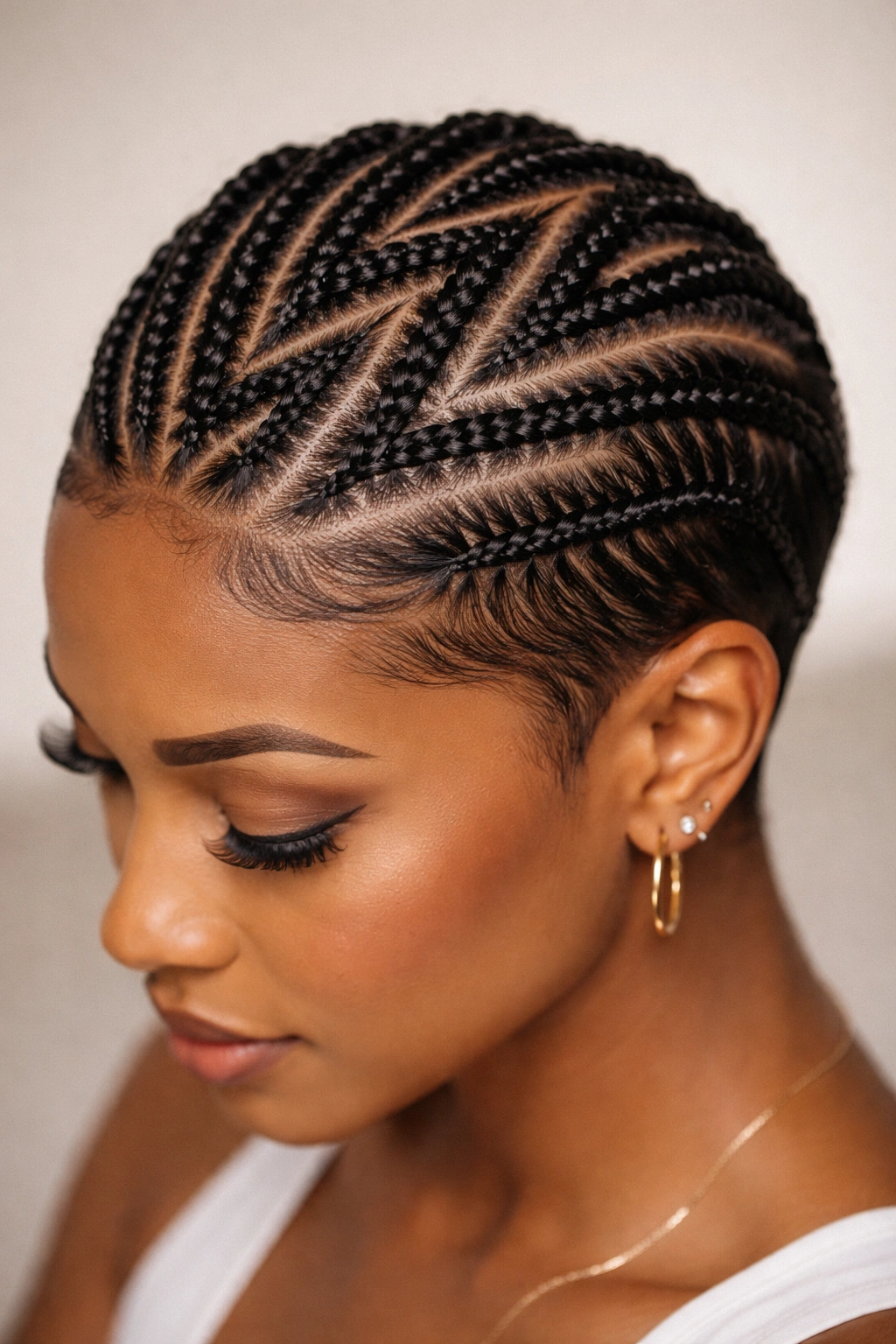 Zigzag cornrows across crown on short hair