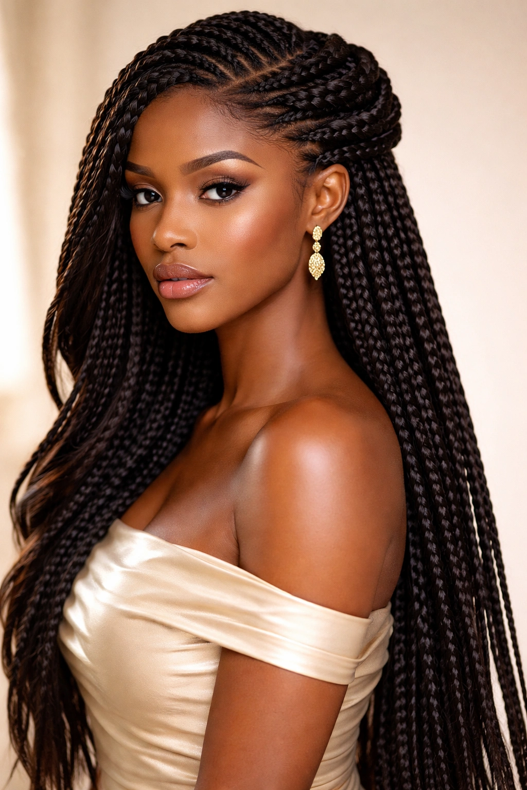 Coronet braided crown with long side sweeps and flowing braids