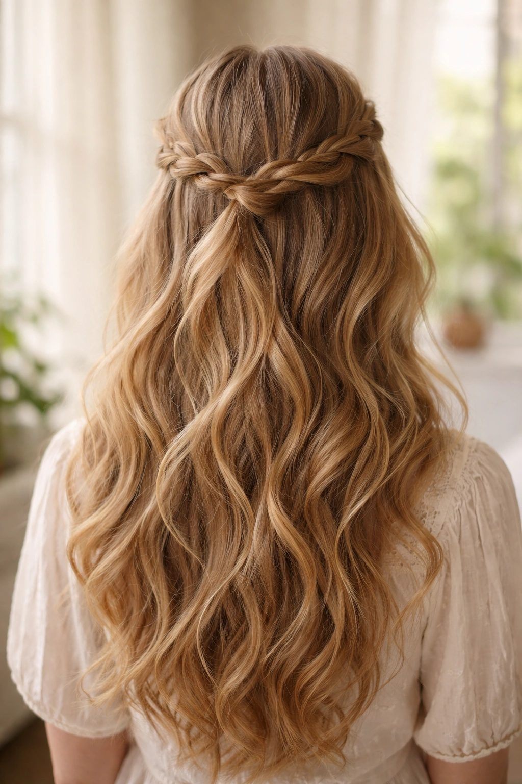 Back view of long textured cottagecore hair with a loose crown braid in natural light