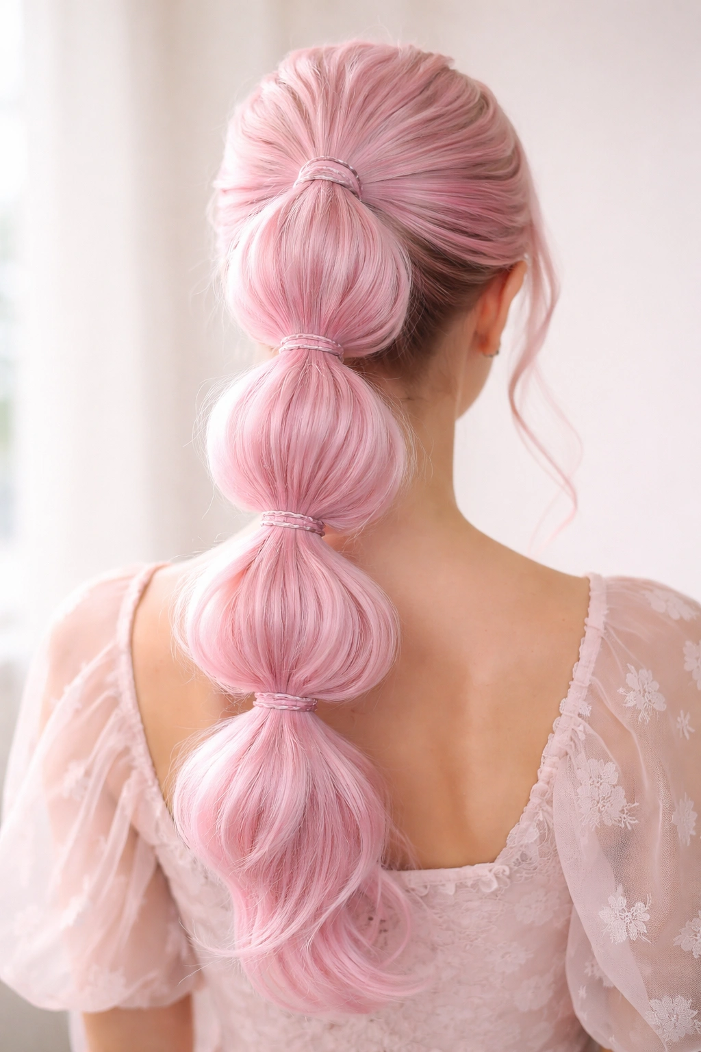 Cotton candy pink bubble ponytail with multiple bubbles along hair