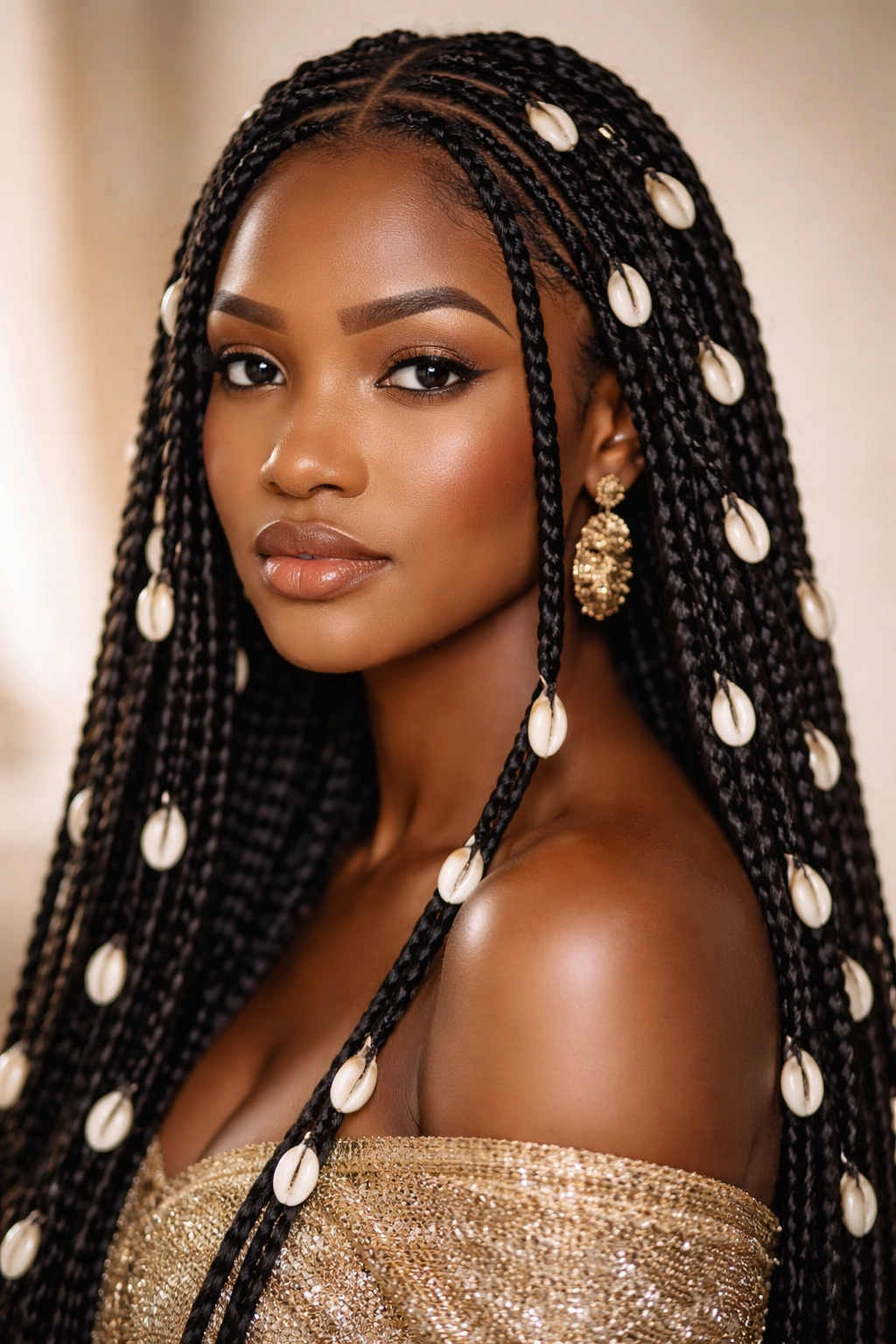 Cowrie shell braids woven with shells along the hair