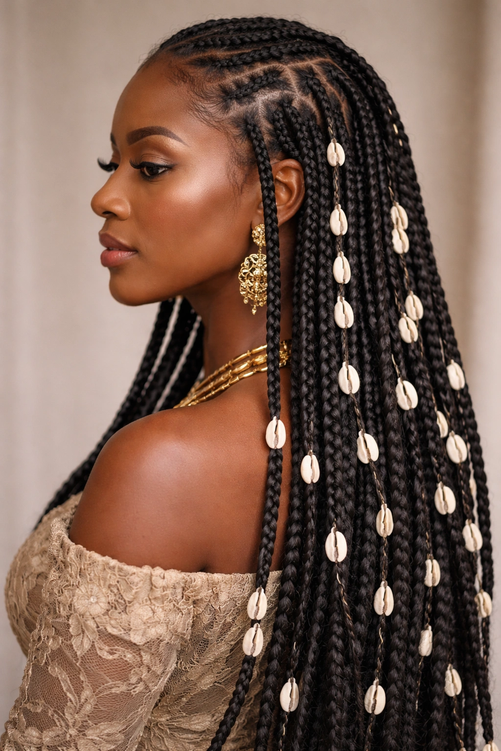 Open Yoruba braids with cowrie shells threaded along the length