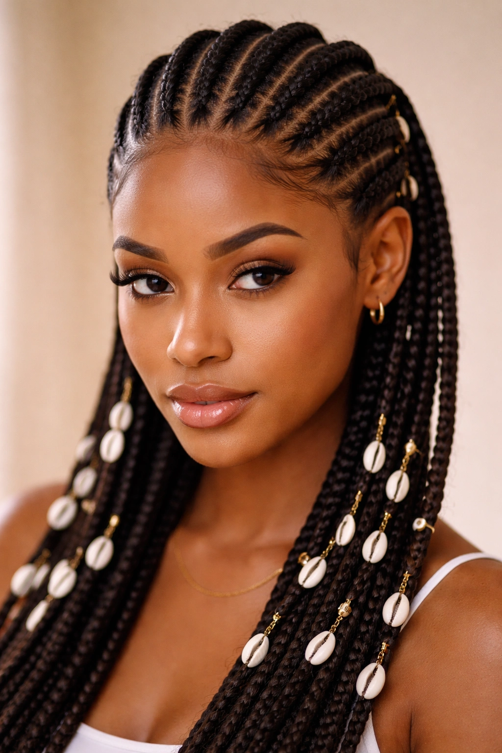Portrait showing straight-back cornrows with cowrie shells threaded through braids