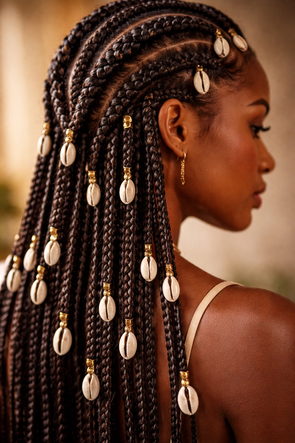 Close-up of Fulani Braids with Cowrie Shells threaded onto the braids