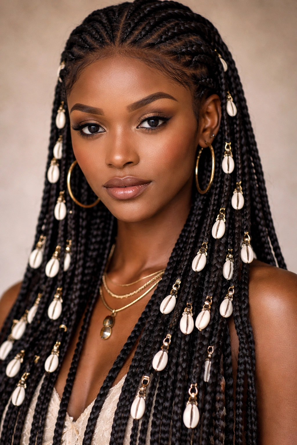 Close-up of Fulani braids with cowrie shell details along the strands.