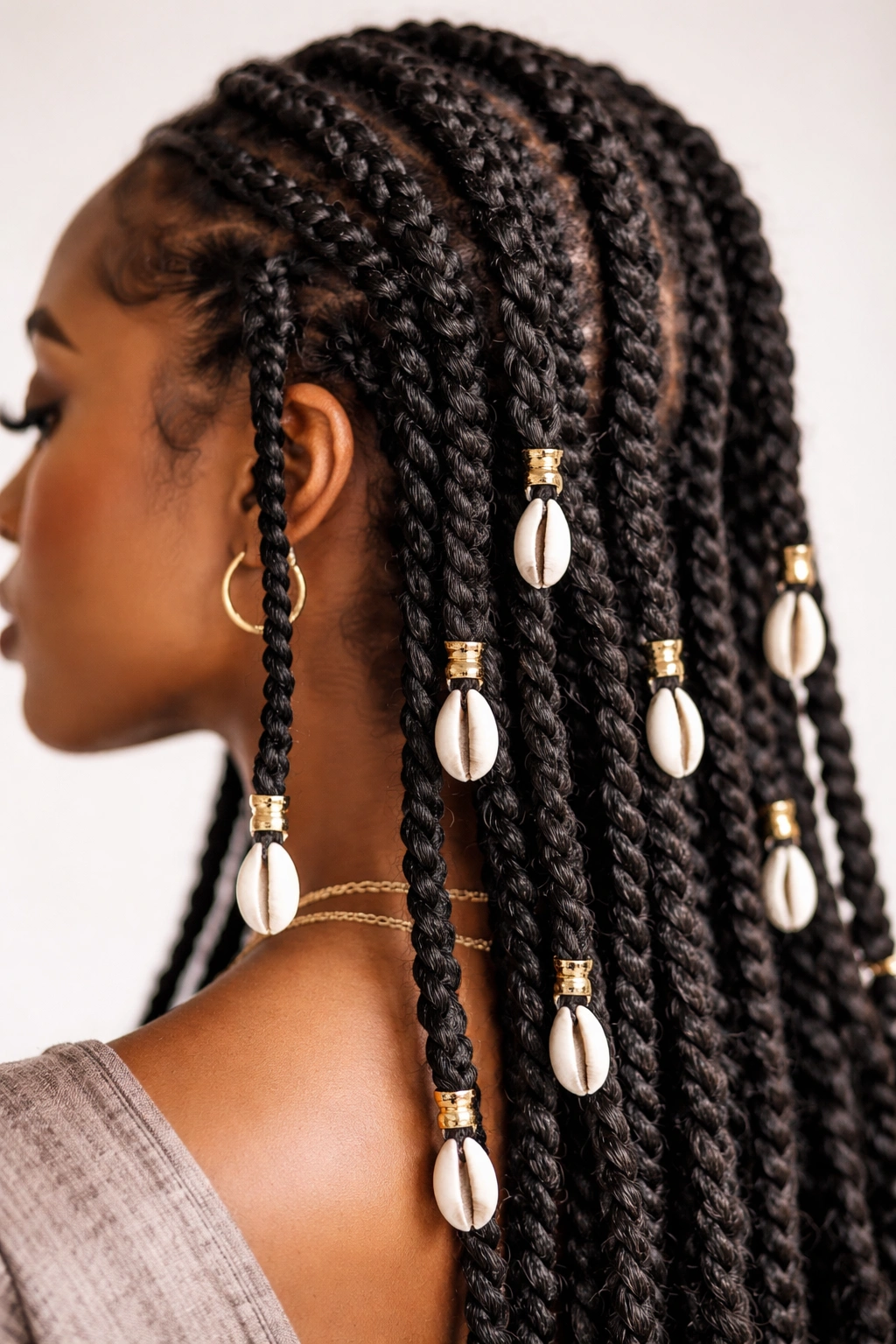 Fulani twists adorned with cowrie shells on select strands
