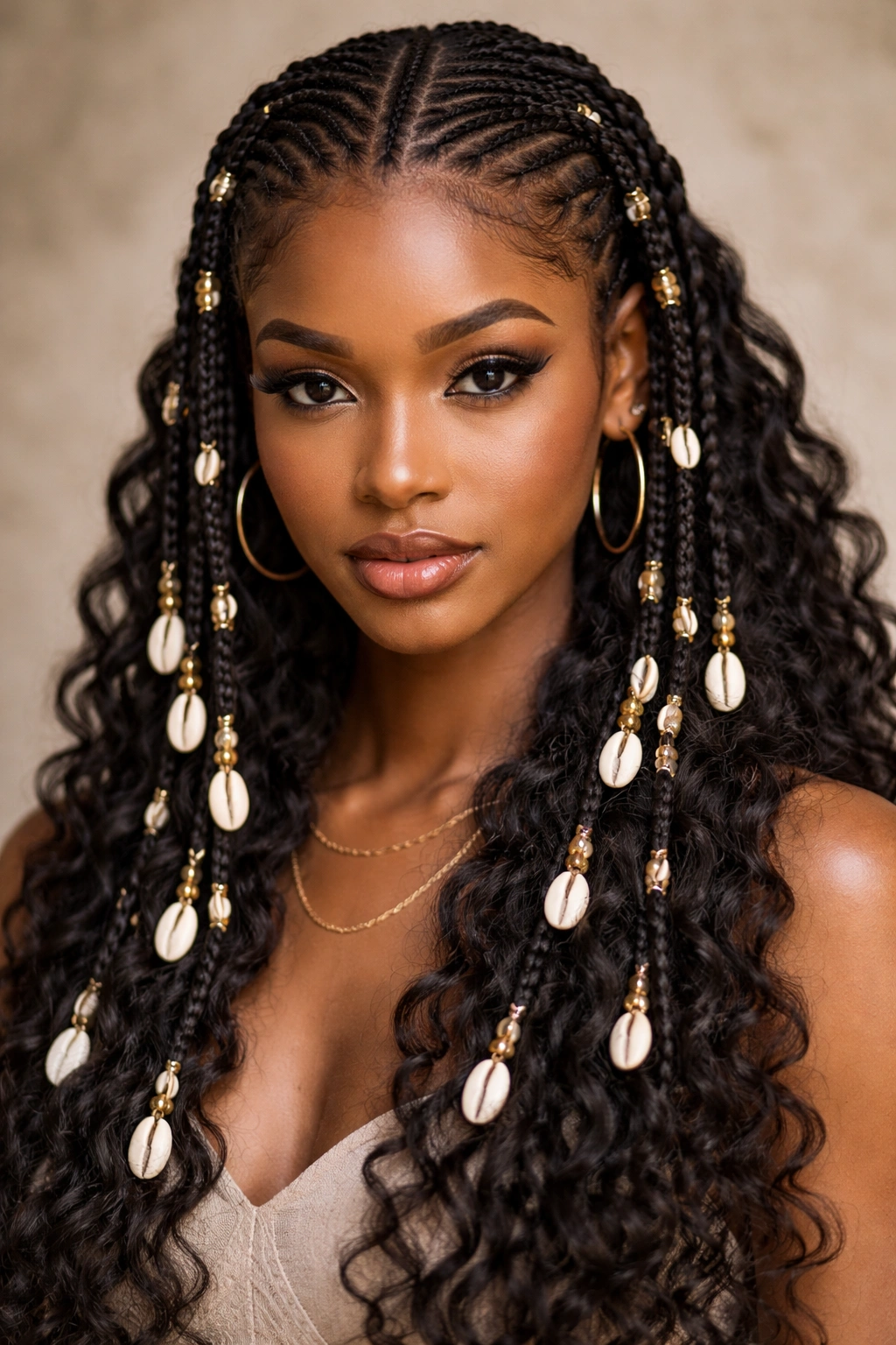 Fulani braids with cowrie shells threaded along the strands