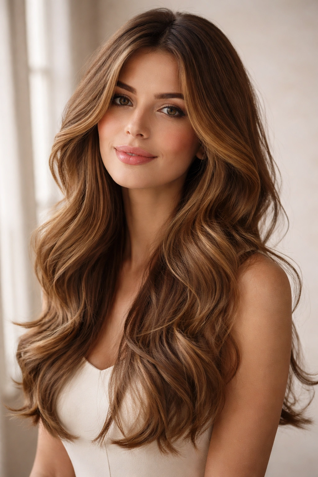 Creamy brown face-framing waves with long front layers