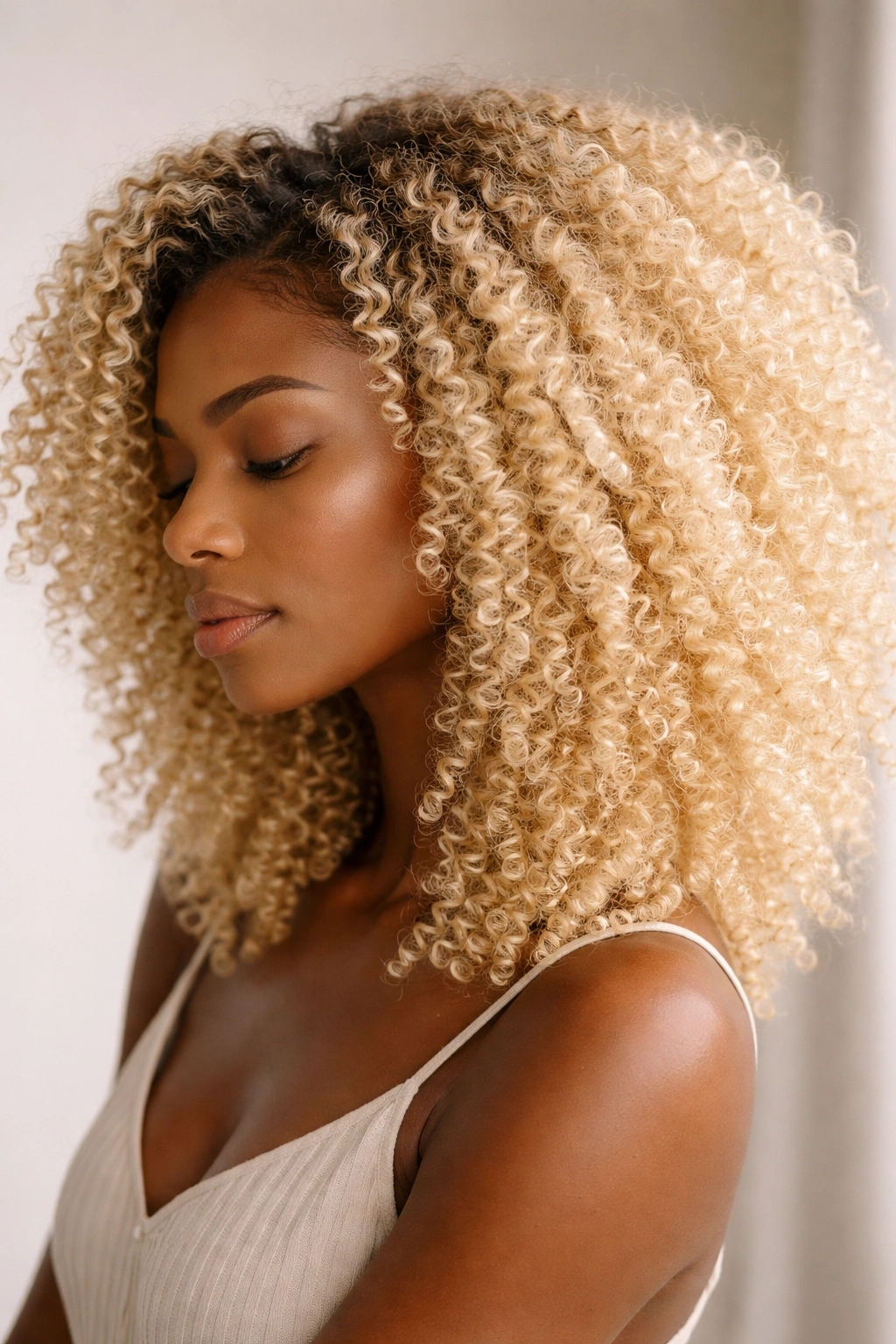 Close-up of coily hair in creamy butter blonde with pale yellow cream undertones