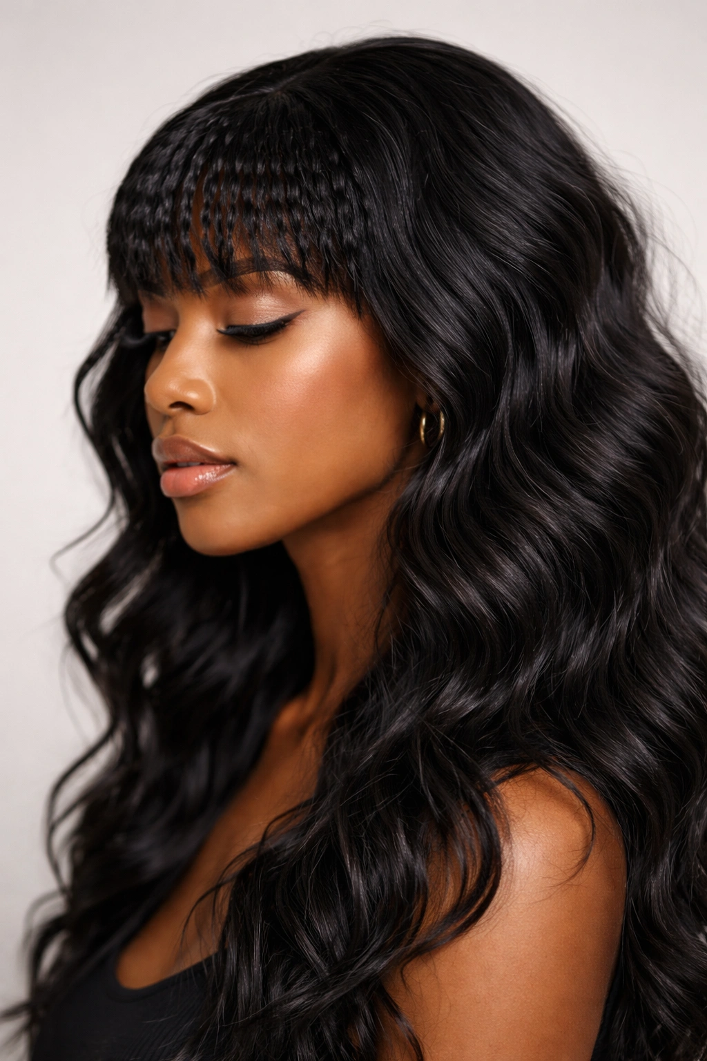 Profile view of crimped textured bangs with wavy layers on Black hair showing bold texture