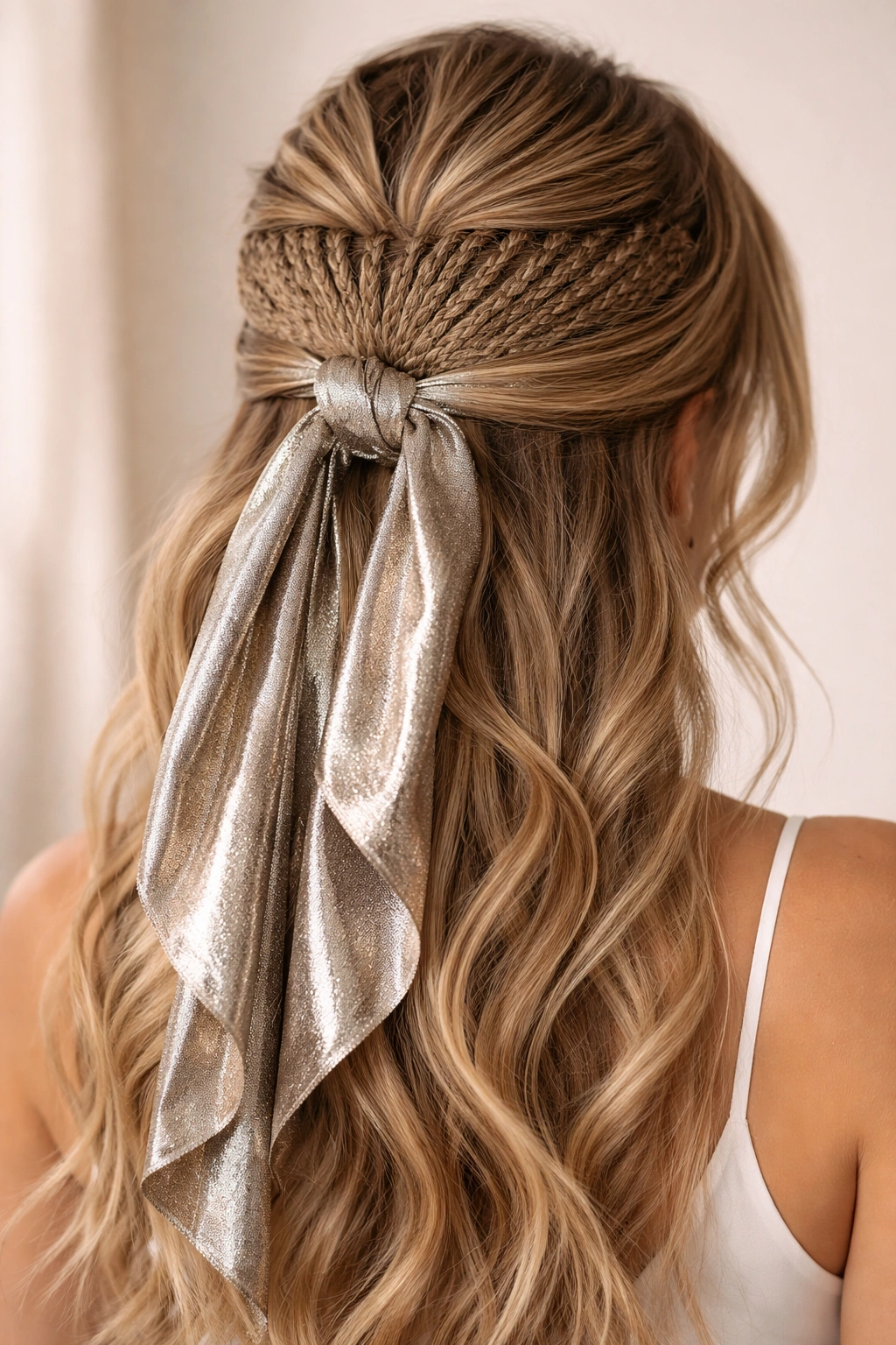 Crimped half-up hairstyle with metallic scarf accent catching light