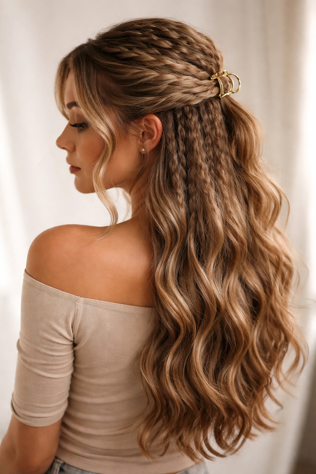 Half-up with crimped textured top and smooth waves bottom
