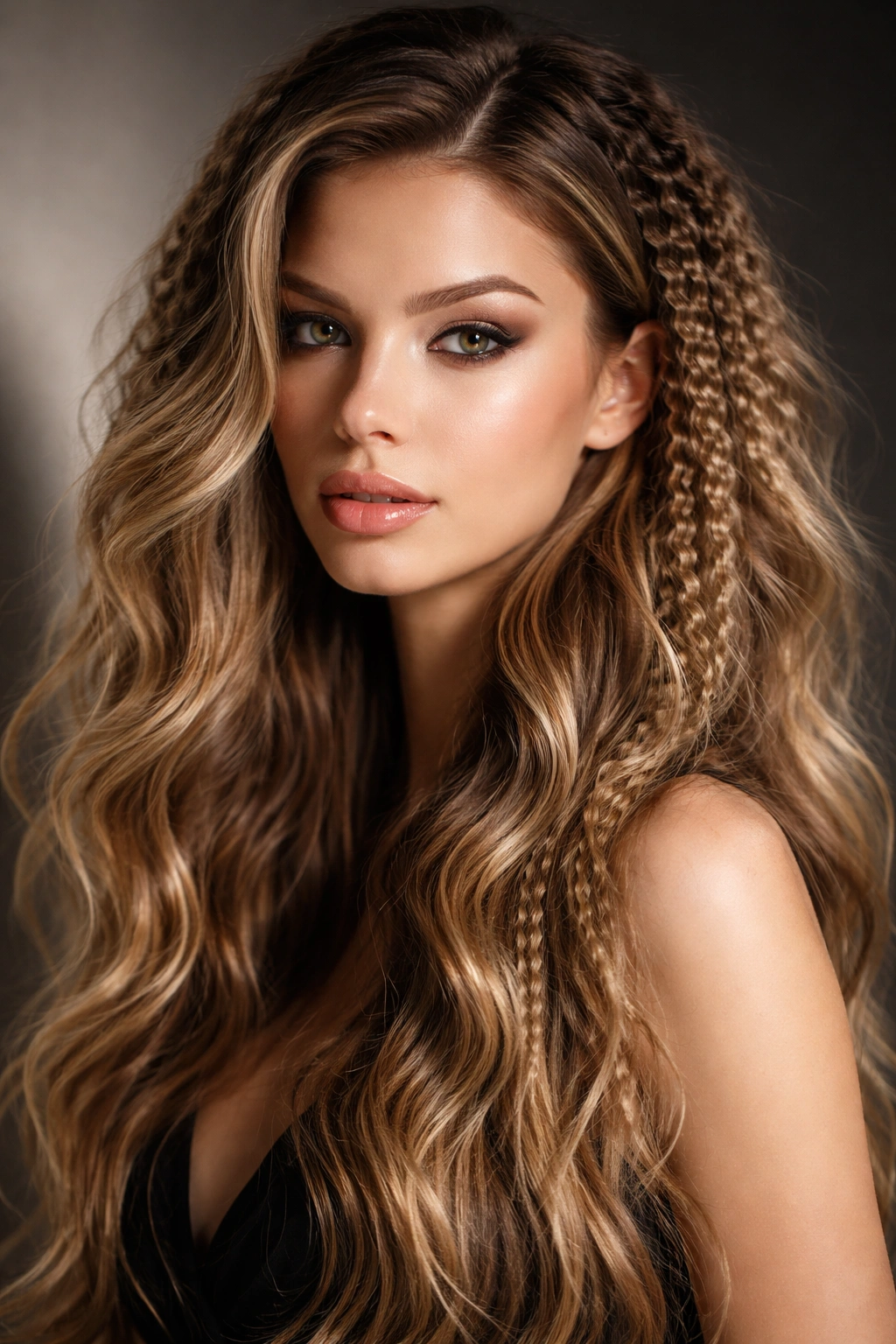 Close-up of voluminous crimped waves with sleek accents on glossy hair