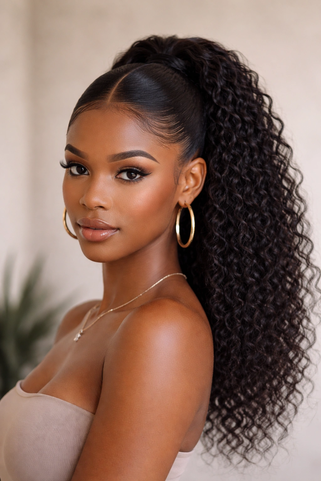 Ponytail with crinkle texture and defined middle part