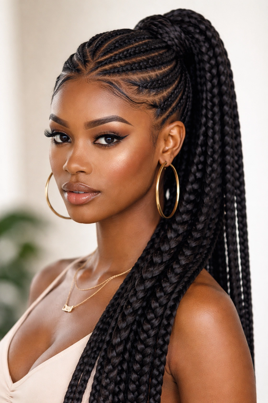 Criss-cross braid ponytail with interwoven braids converging into a ponytail
