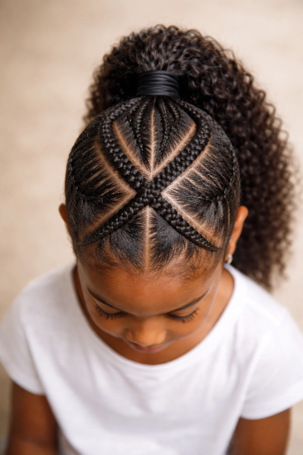 Top-down view of criss-cross cornrows forming an X into ponytail
