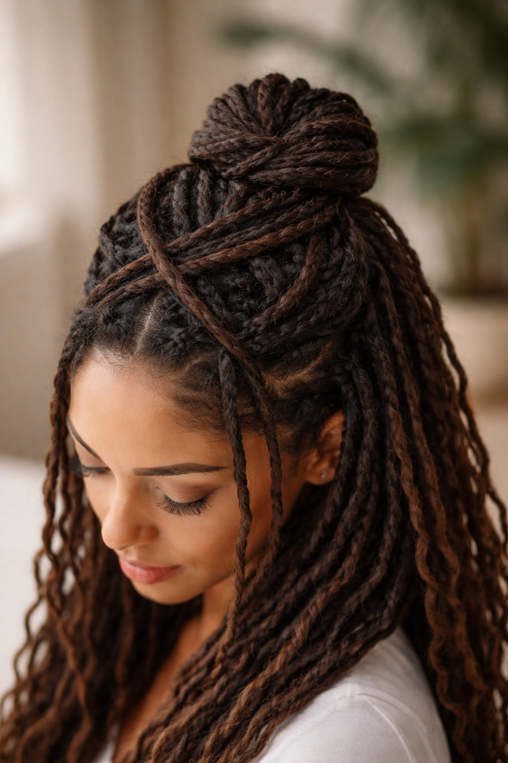 Criss-cross half-up bun with two or more sections crossing to form an X at the crown.