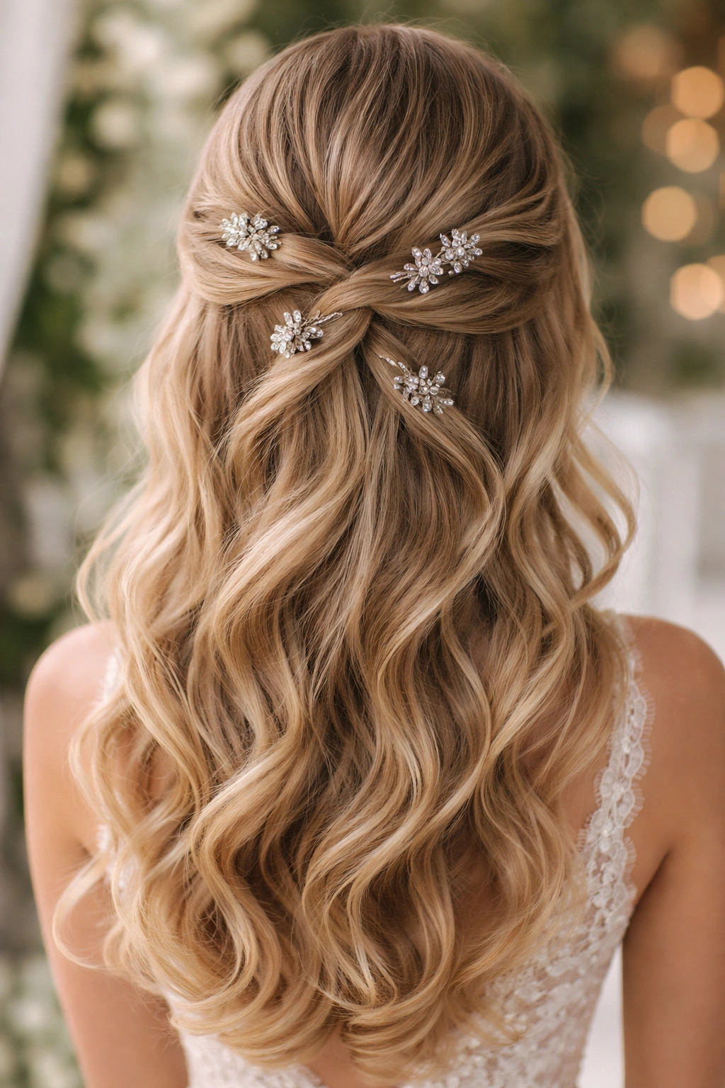 Back view of twisted criss-cross half-up with crystal pins on bridal hairstyle