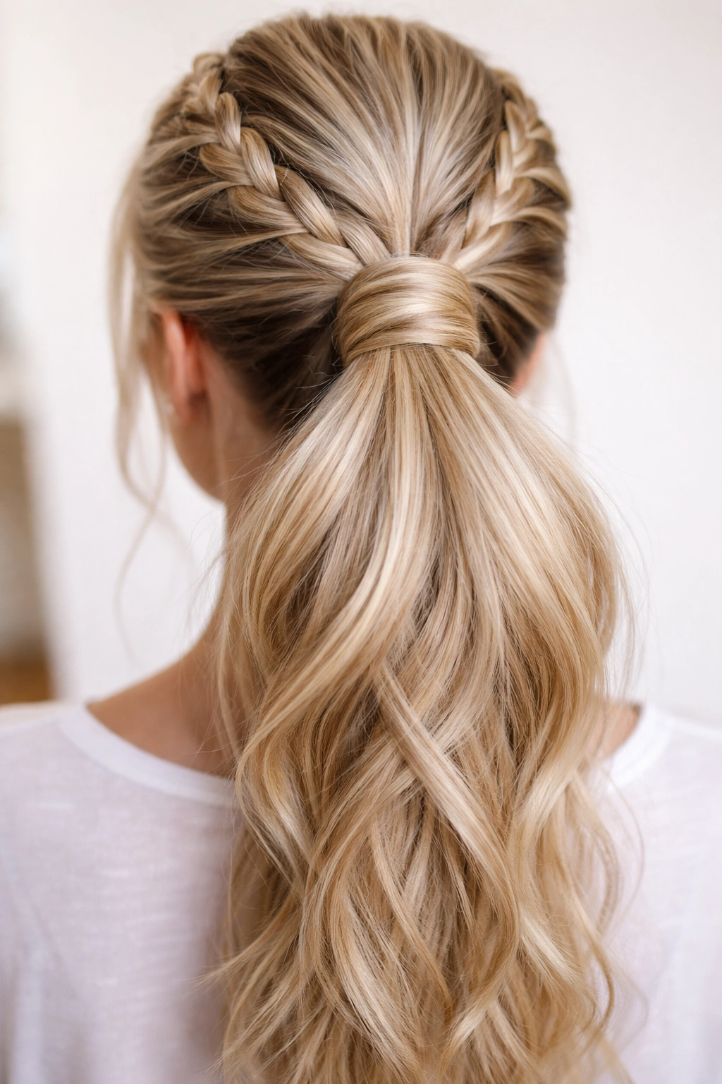 Close-up of criss-cross wrapped base on double weave ponytail with volume at roots