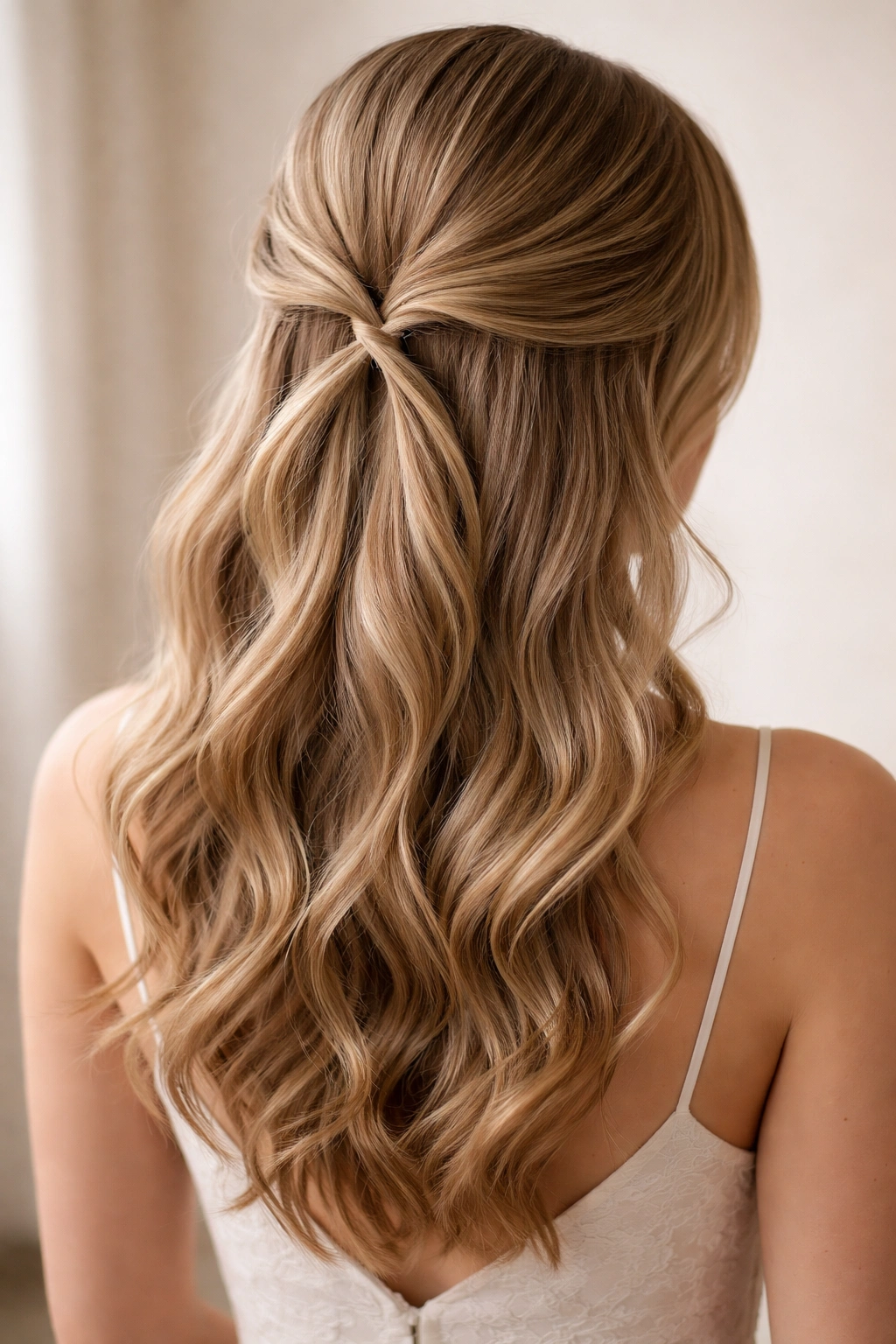 Crisscrossed wrap halves behind the head with loose waves below.