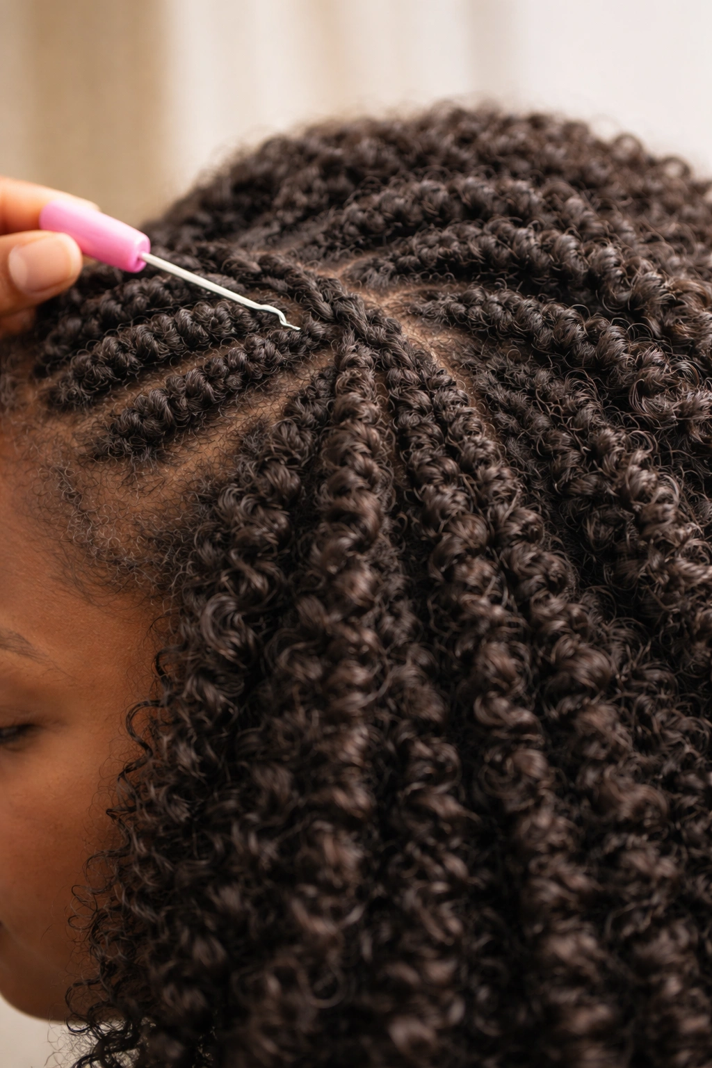 Close-up of crochet braids on 4C hair with protective styling