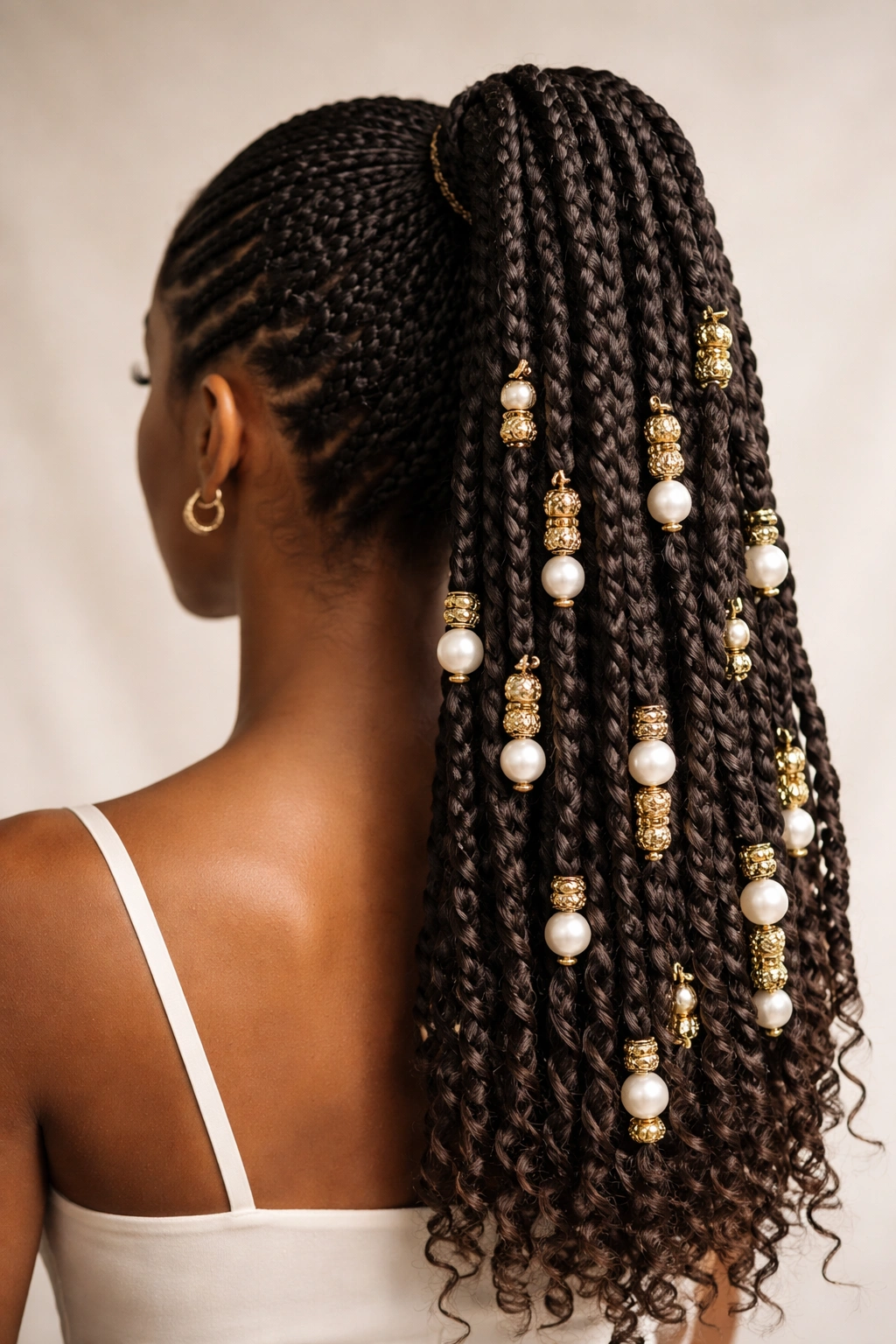 Crochet braids ponytail with pearl and gold beads