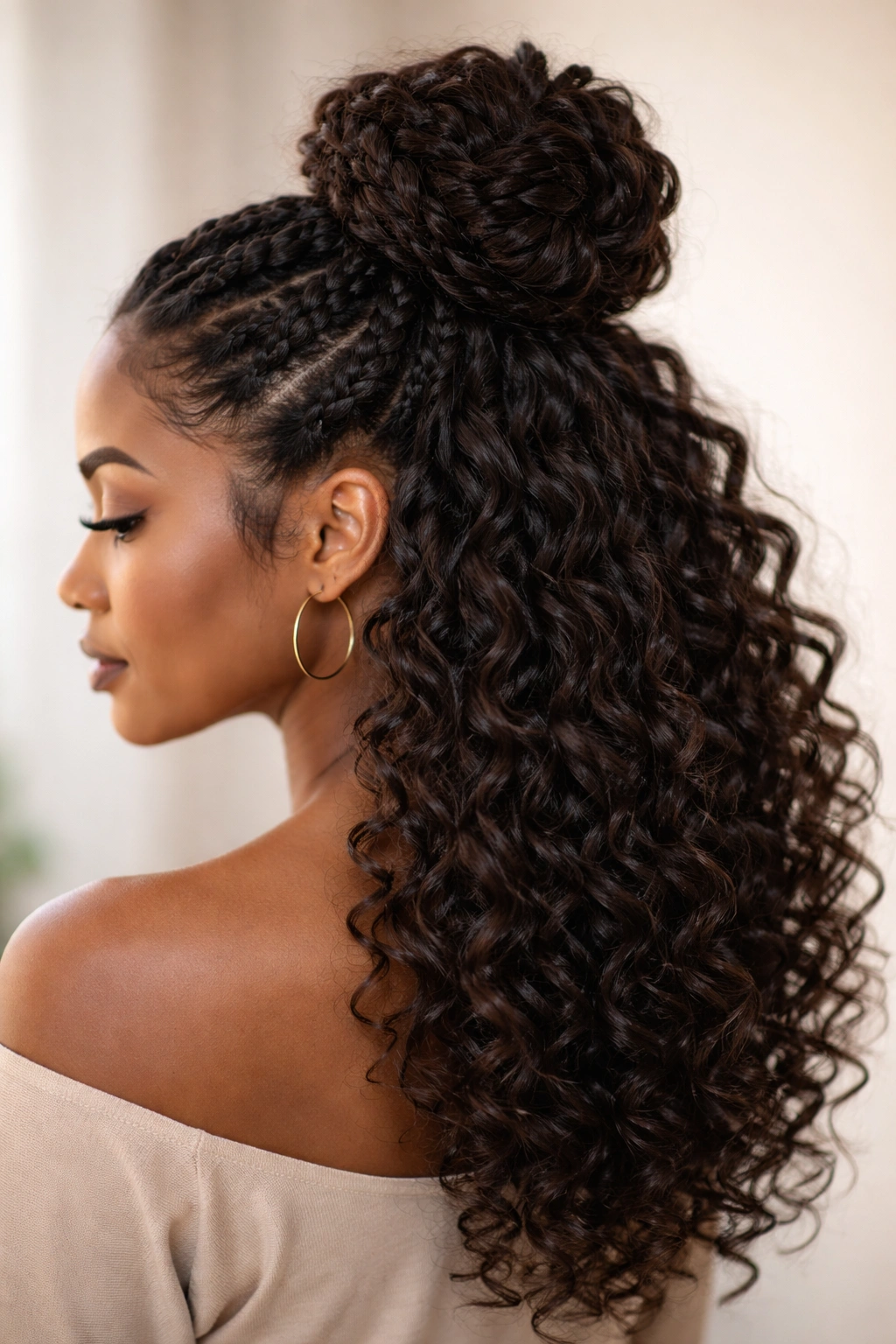 Close-up of crochet braids half up bun with loose curls against a neutral background