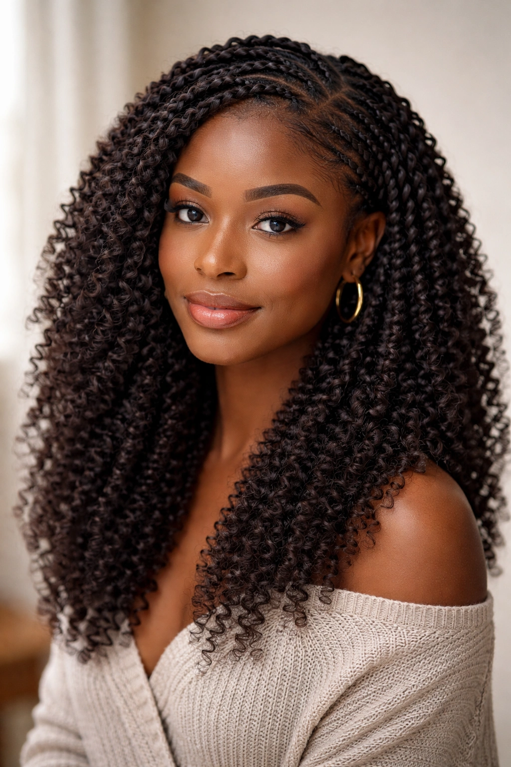 Crochet braids with coily extensions blending with natural coils