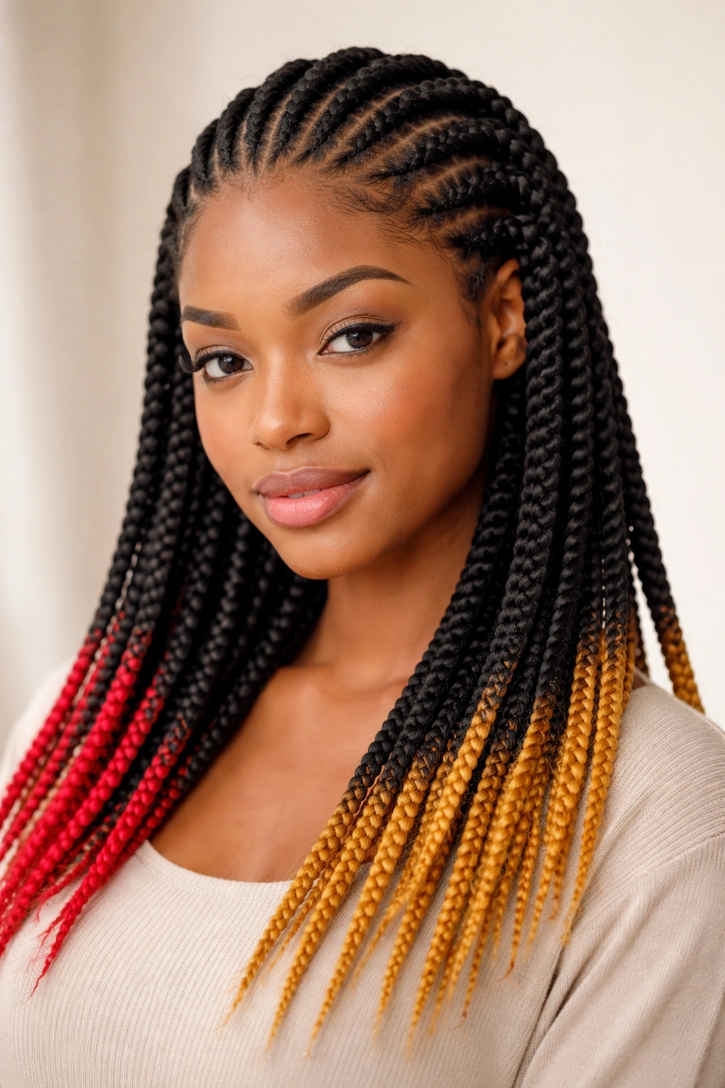 Portrait of crochet cornrows with colored tips at the ends against a neutral background