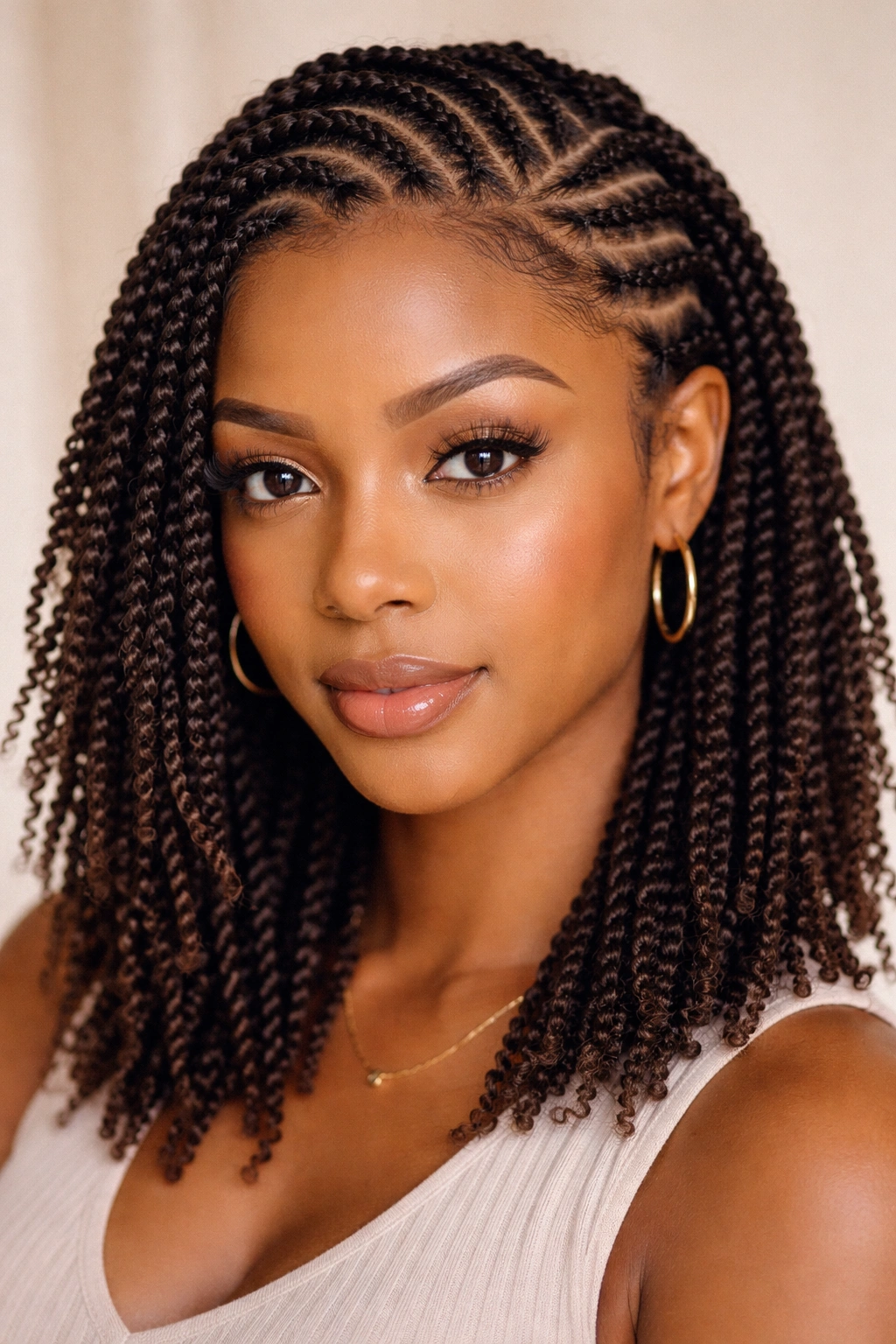 Close-up of crochet cornrows with spring twists showing delicate texture