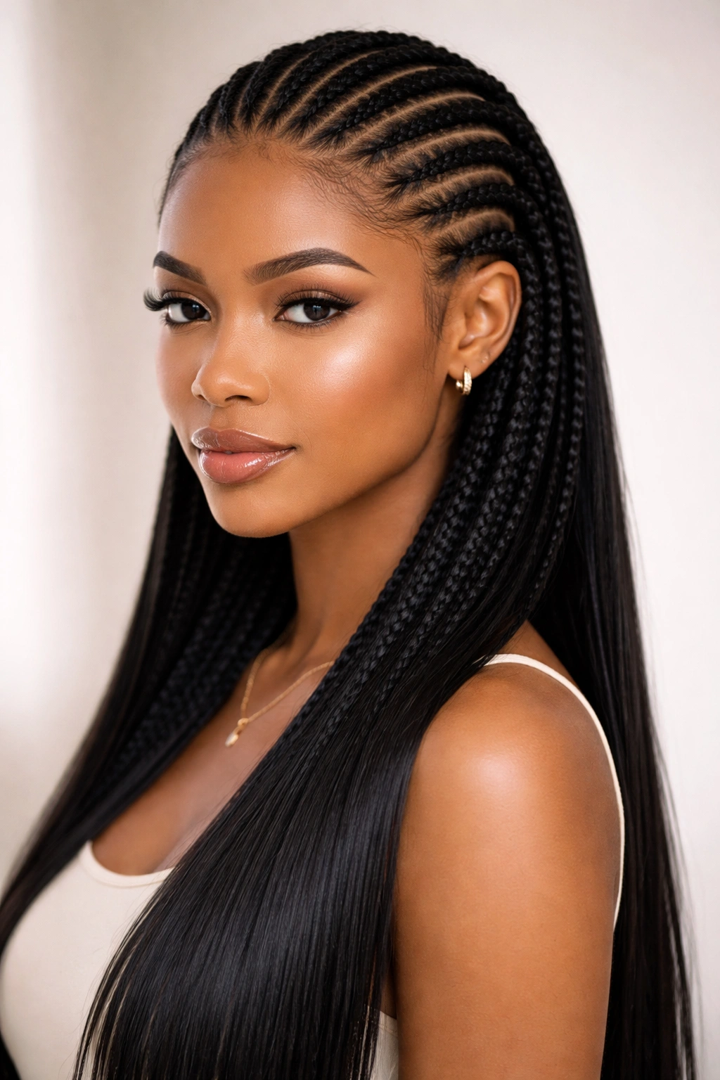 Portrait of a person with straight crochet cornrows in a sleek, polished hairstyle