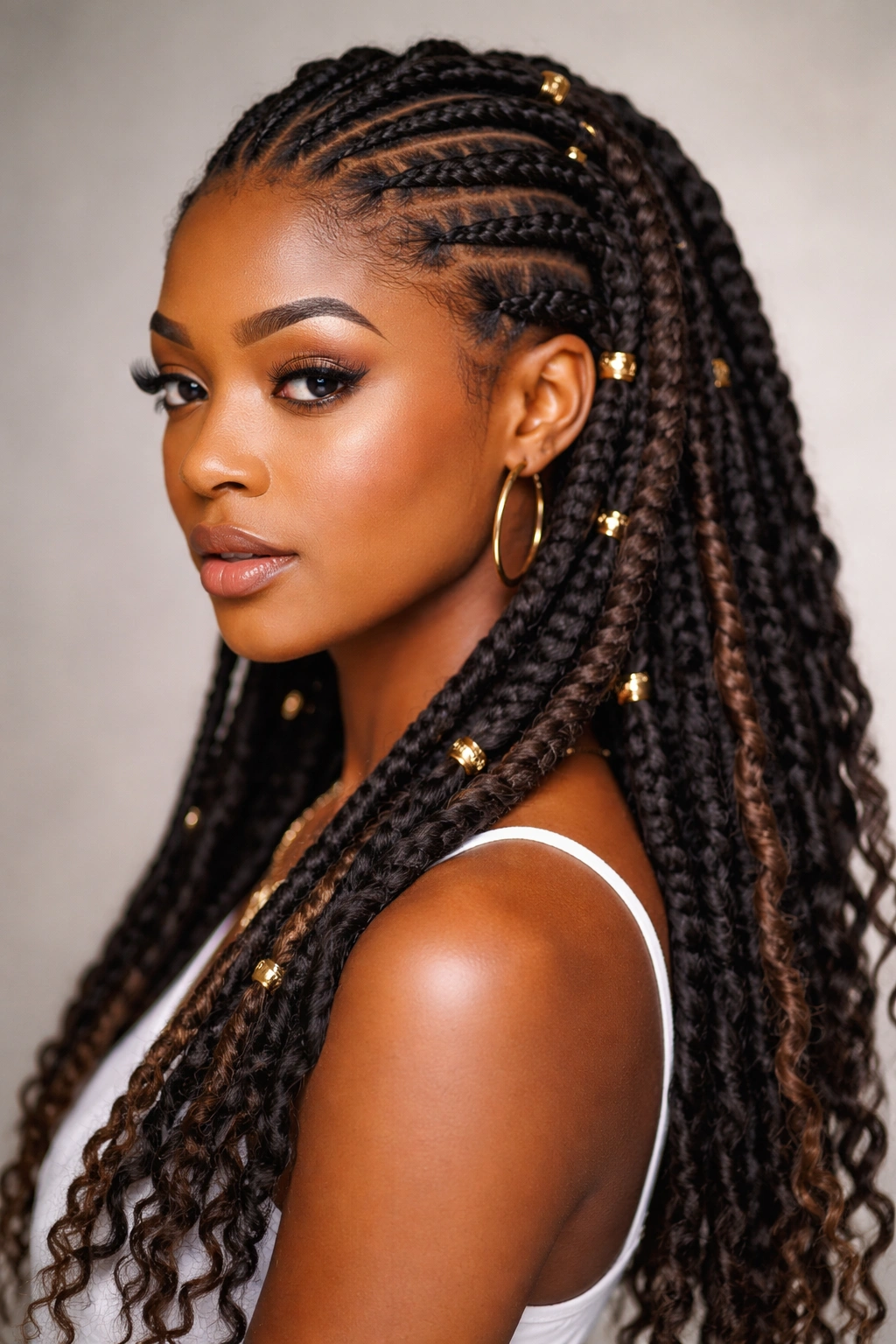 Profile view of crochet Fulani with loc extensions showing texture contrast