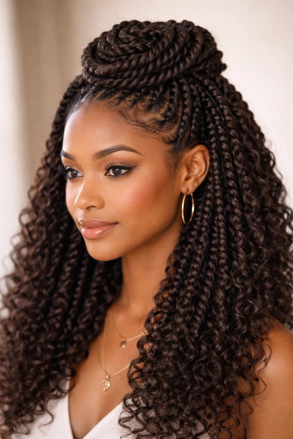 Close-up of crochet twists forming a spiral crown on curly hair.