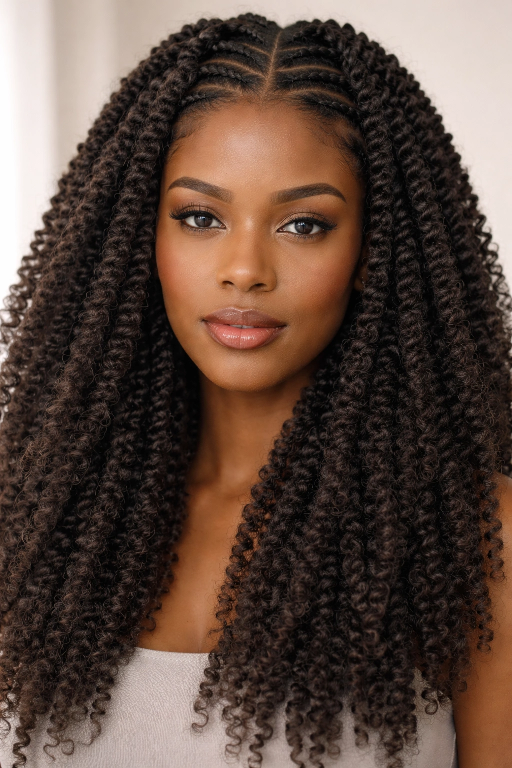 Head-on view of crocheted braids over coily hair showing protective style