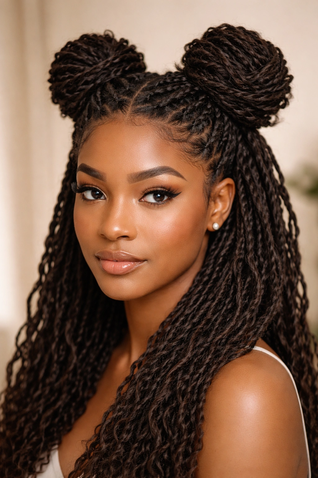 Crocheted faux loc buns forming two space buns on head