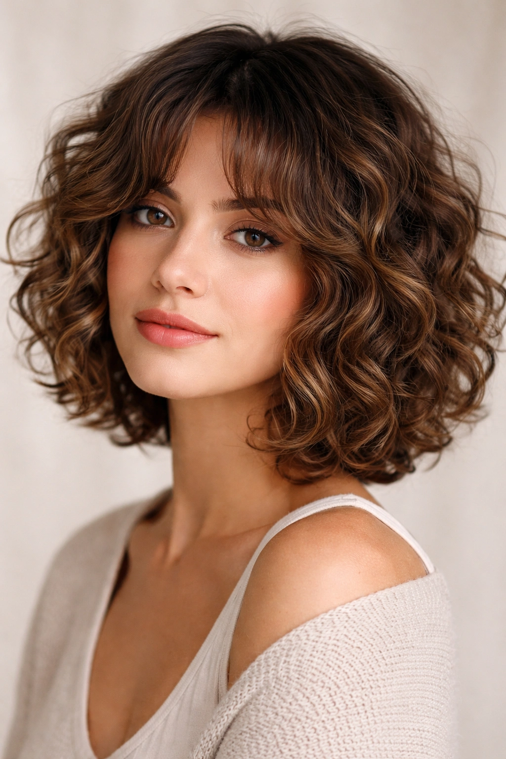 Cropped curly bob with soft curtain bangs