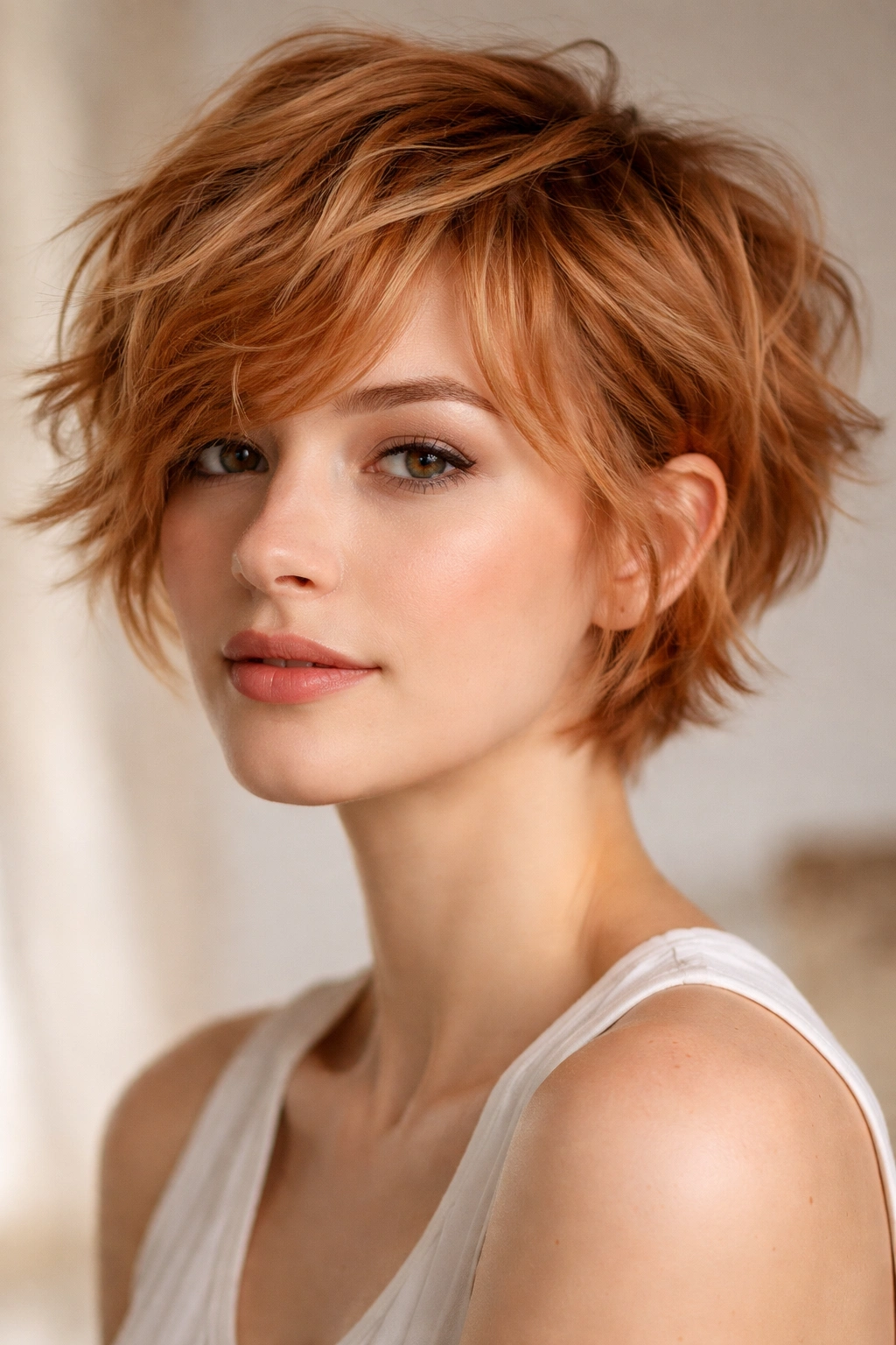 Tousled crop hairstyle with textured waves in strawberry blonde
