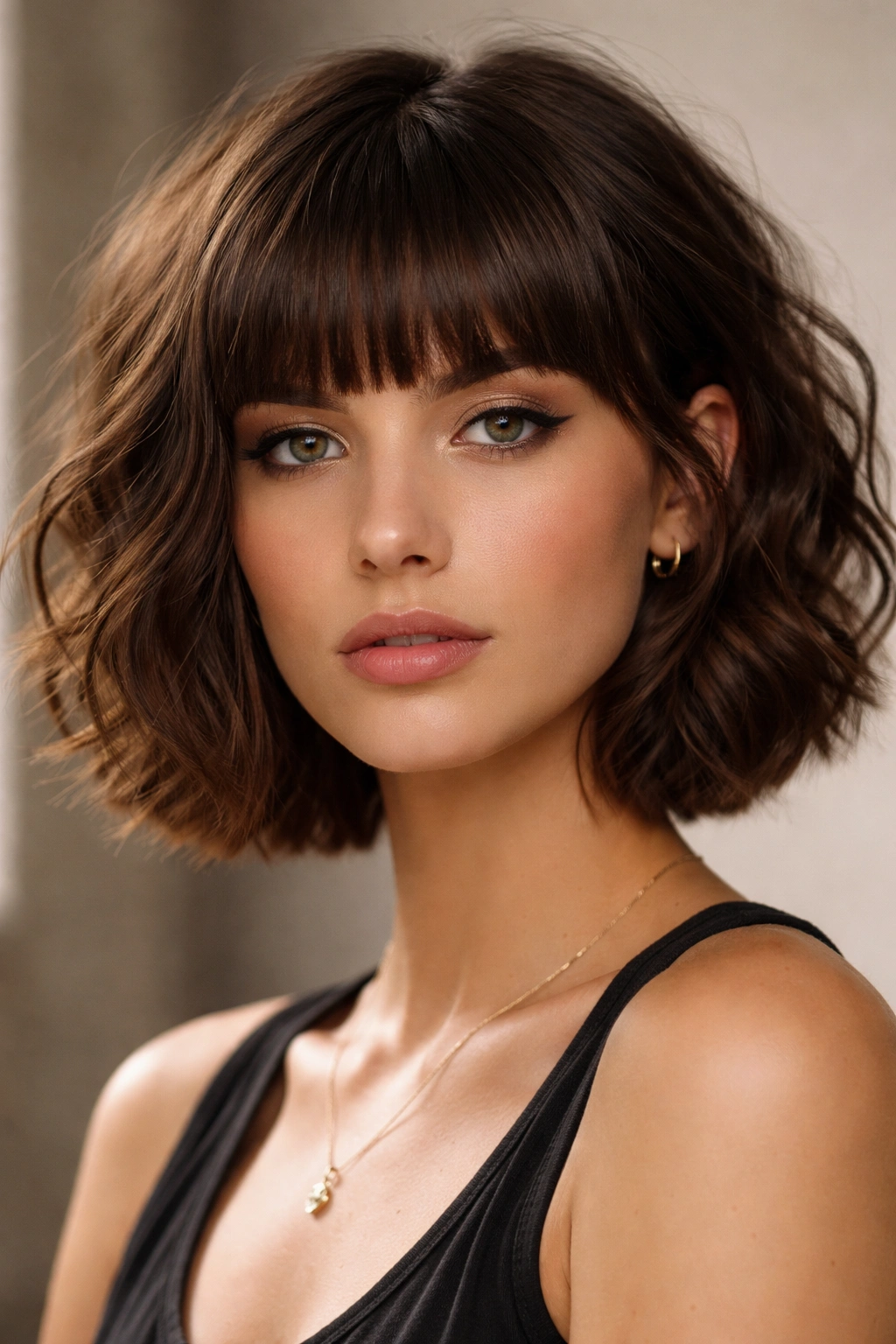 Close-up of brunette with cropped waves and blunt fringe emphasizing texture