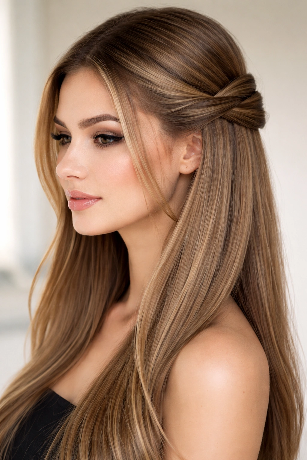 Front view of straight hair with two crossing twists forming a crossover at the back.