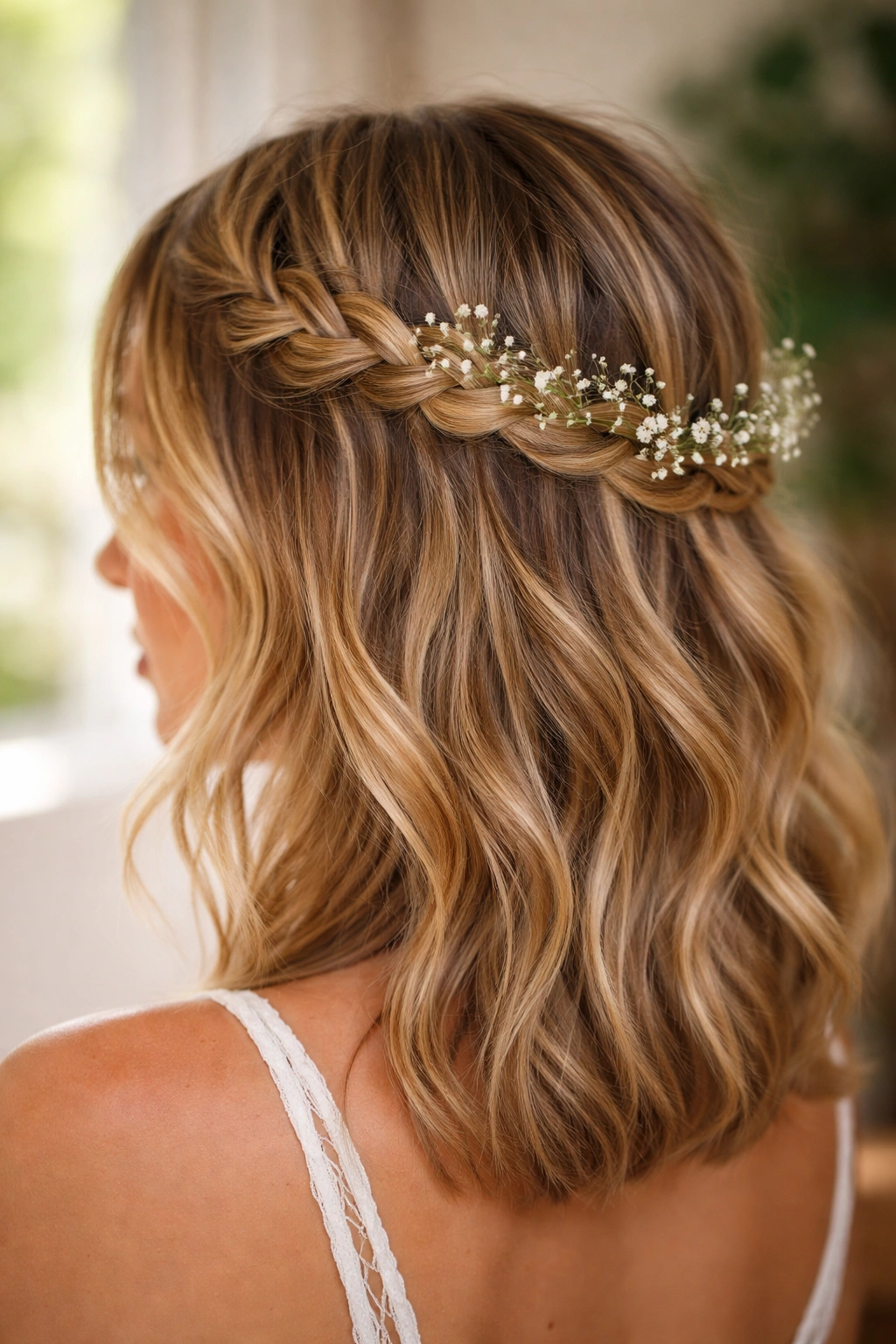 Low crown braid with baby's breath woven through along the back of the head