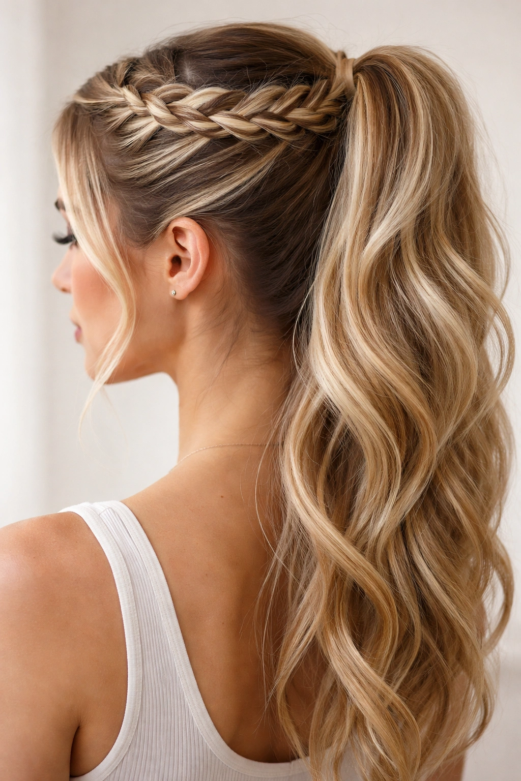 Close-up of crown braid with blonde highlights and central ponytail