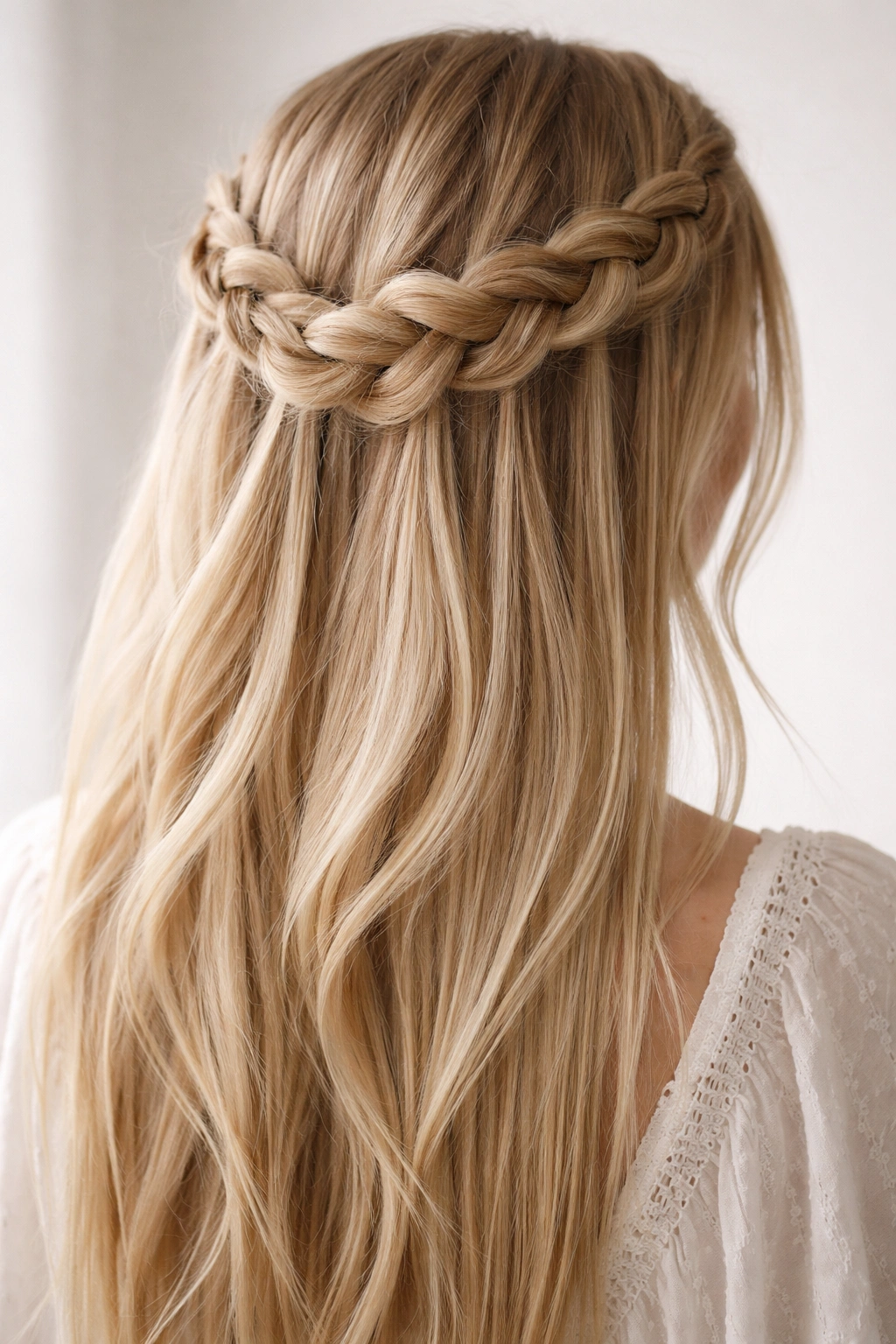 Bohemian loose crown braid with airy texture on straight hair