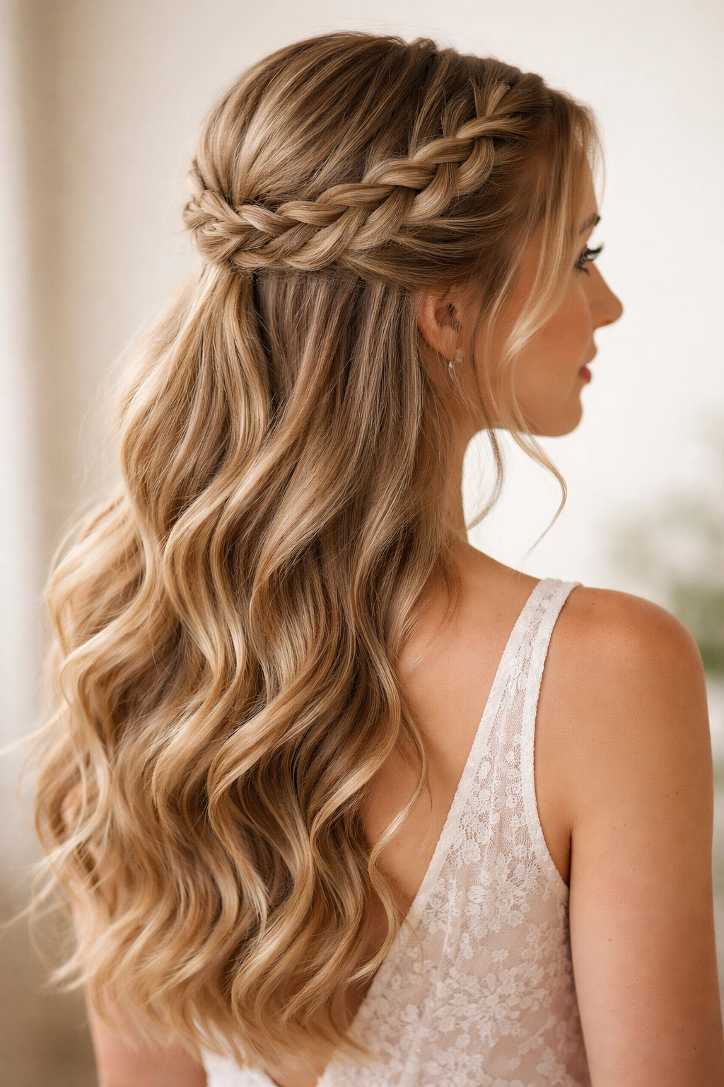 Close-up of crown braid half-up half-down hairstyle with a braided crown around the head