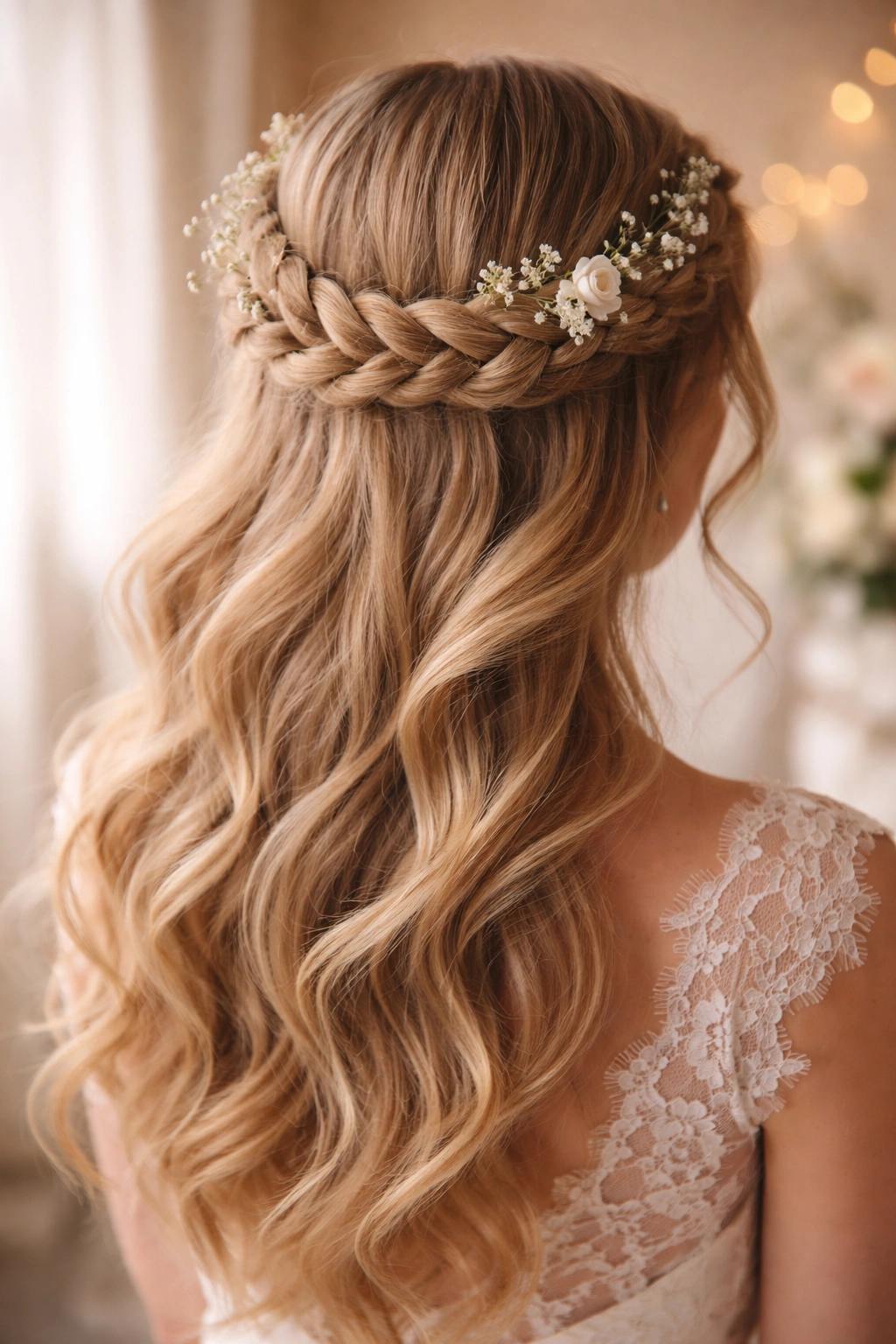 Close-up of a bridal crown braid half up half down with delicate floral accents