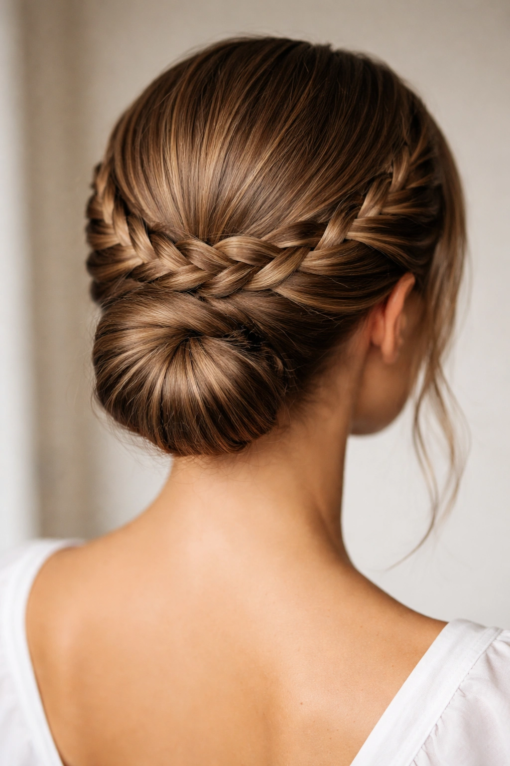 Back view of crown braid around head forming a low bun at the nape