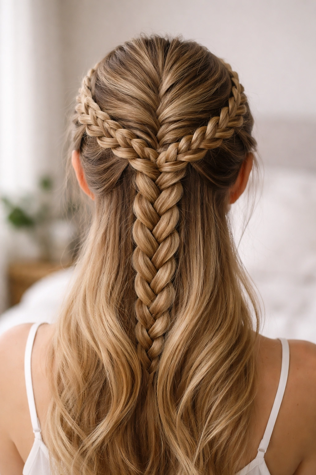 Head with a crown braid and center French braid, wrapped side braids