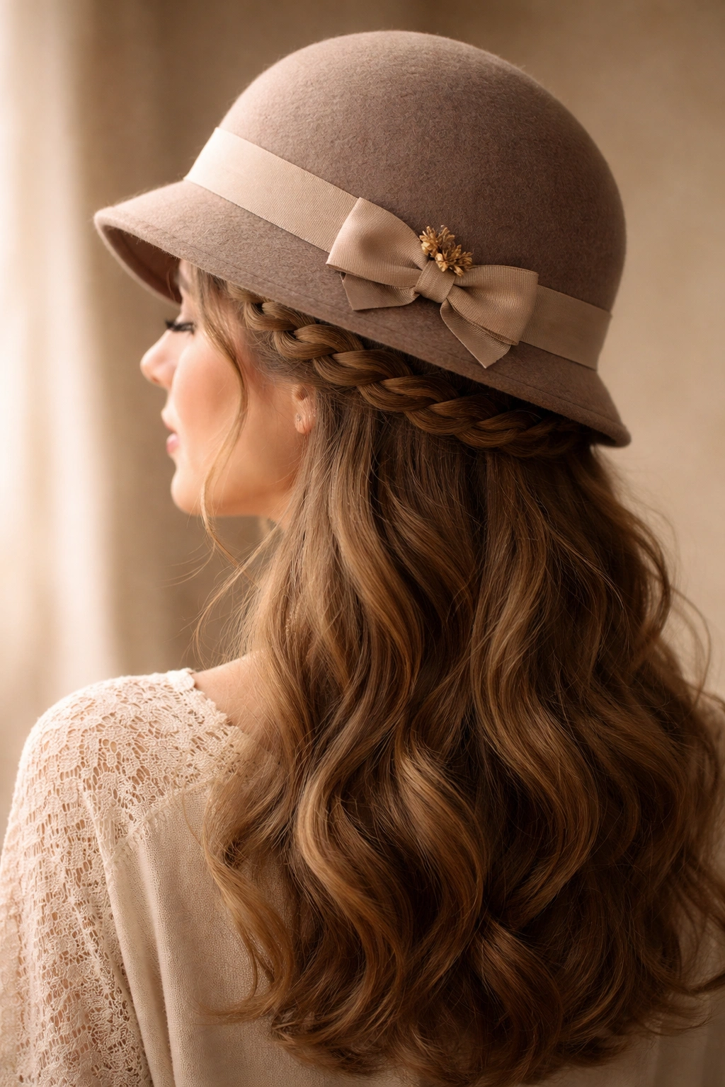 Head-and-shoulders with crown braid under a cloche hat